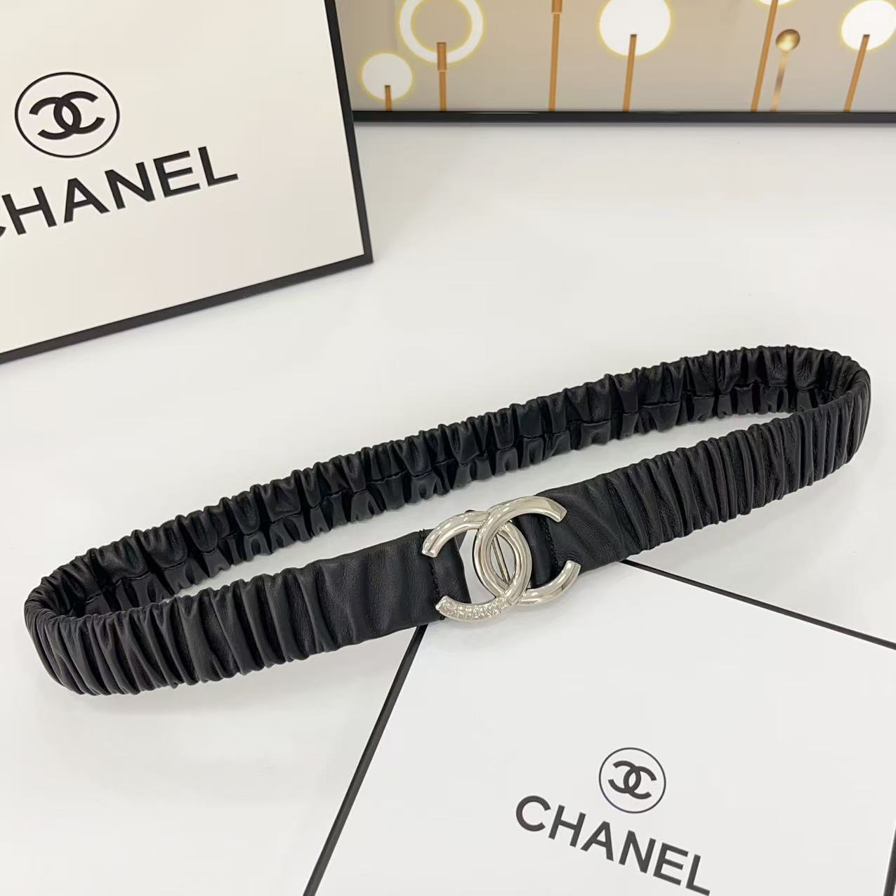 DOUBLE C ELASTIC BELT 30MM IN BLACK CALFSKIN SILVER HARDWARE
