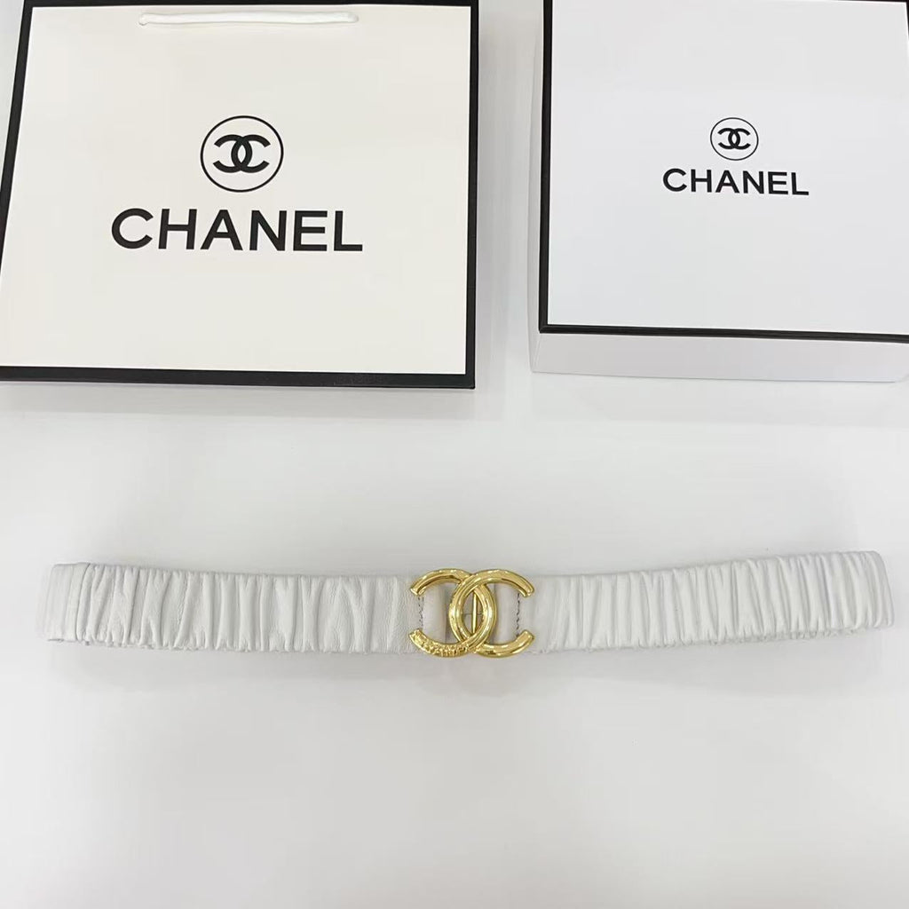 DOUBLE C ELASTIC BELT 30MM IN WHITE CALFSKIN GOLD HARDWARE