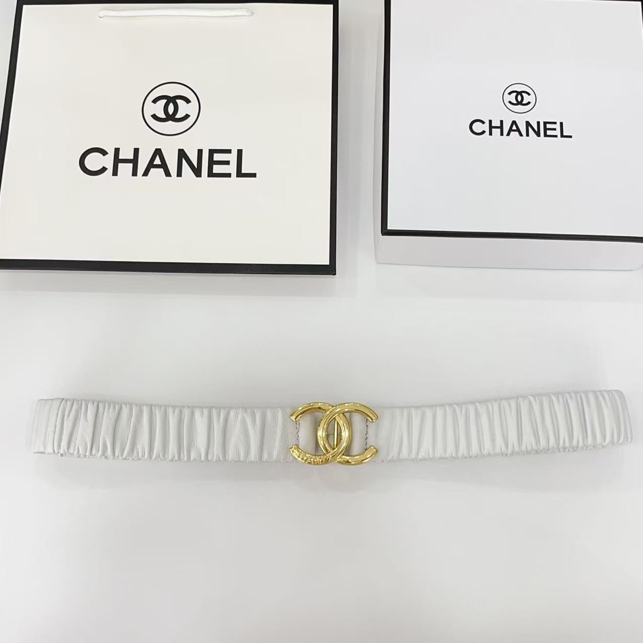 DOUBLE C ELASTIC BELT 30MM IN WHITE CALFSKIN GOLD HARDWARE