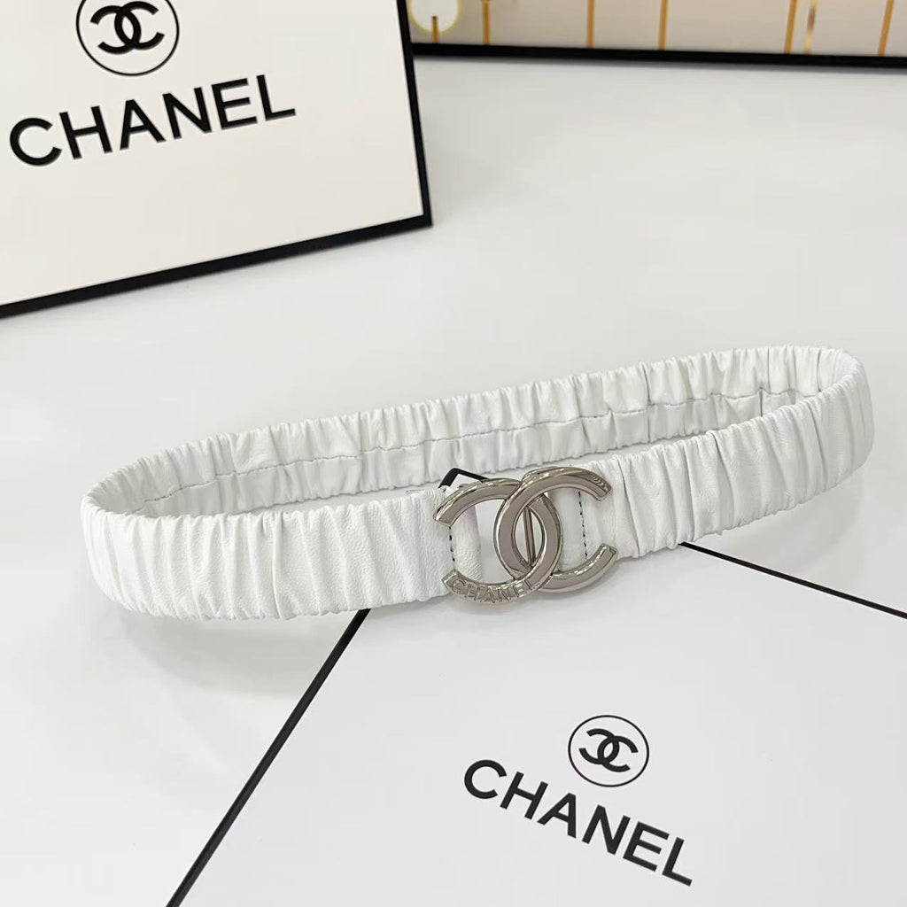 DOUBLE C ELASTIC BELT 30MM IN WHITE CALFSKIN SILVER HARDWARE