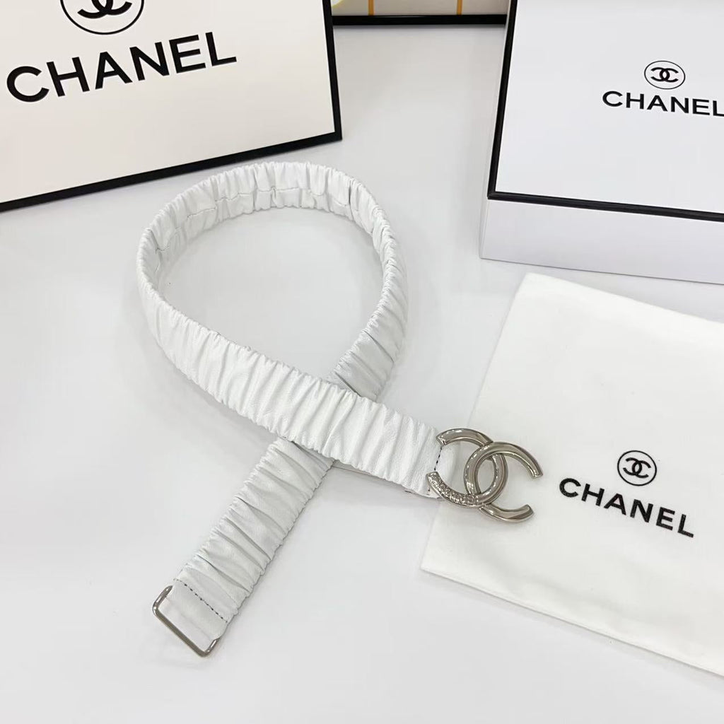 DOUBLE C ELASTIC BELT 30MM IN WHITE CALFSKIN SILVER HARDWARE