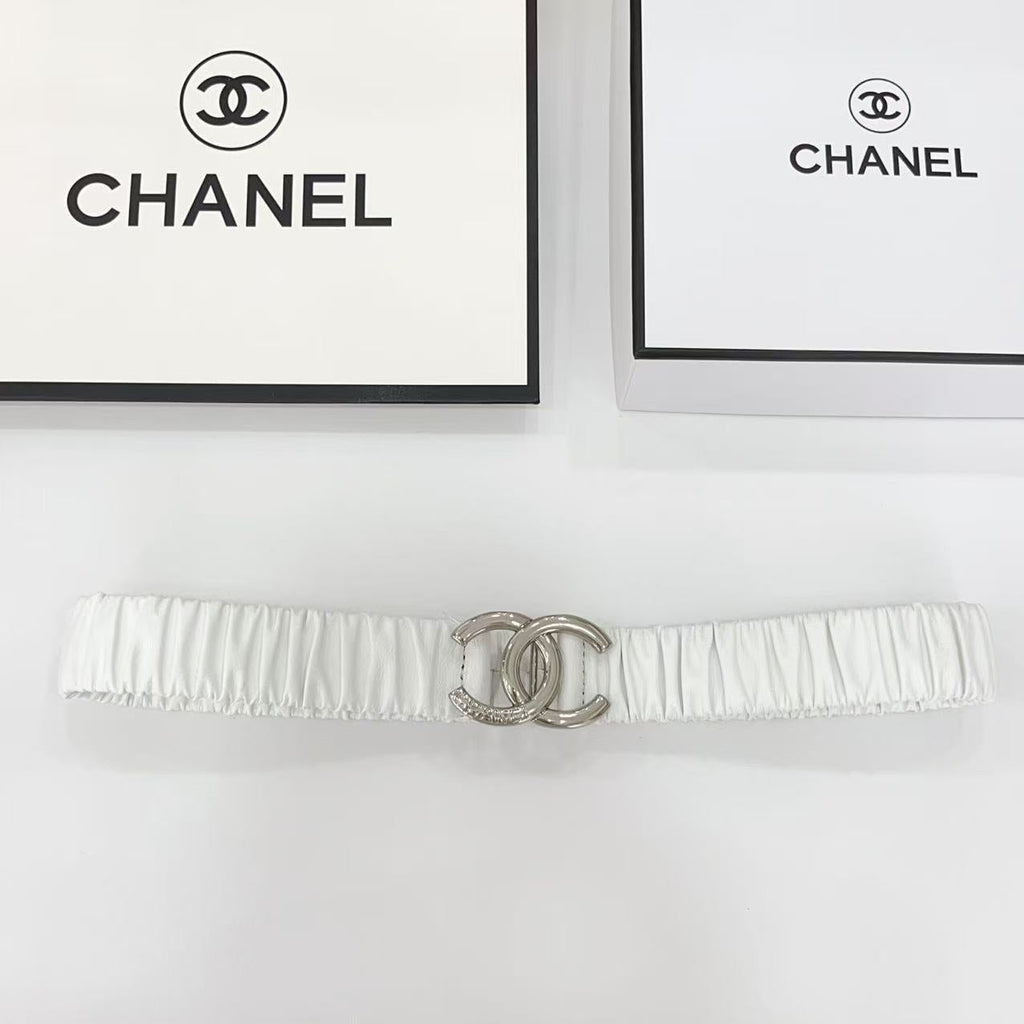 DOUBLE C ELASTIC BELT 30MM IN WHITE CALFSKIN SILVER HARDWARE