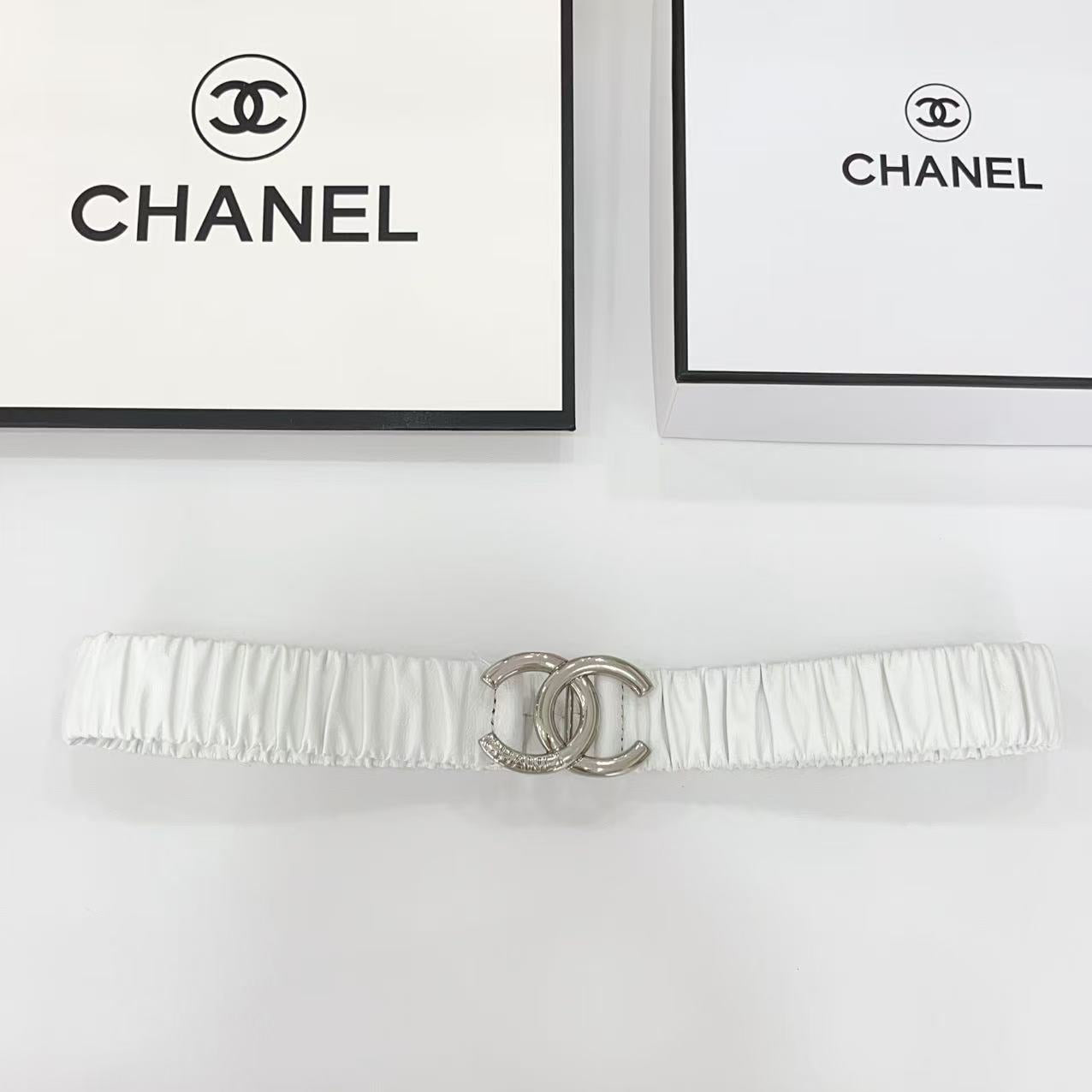 DOUBLE C ELASTIC BELT 30MM IN WHITE CALFSKIN SILVER HARDWARE