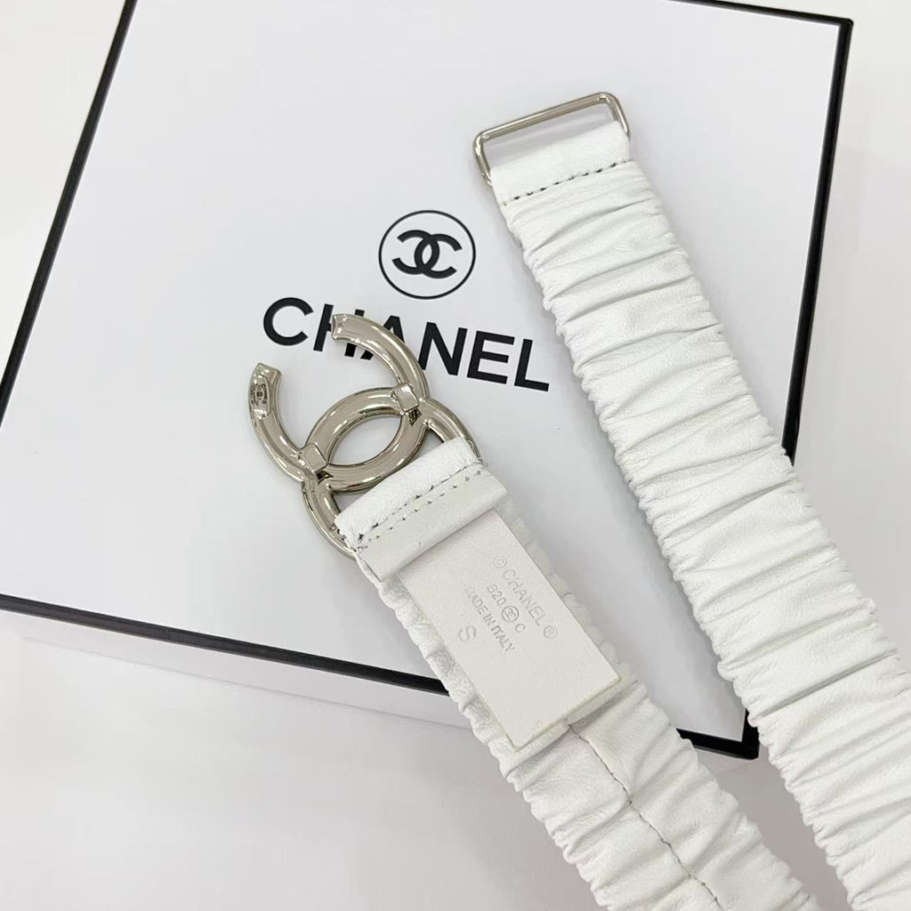 DOUBLE C ELASTIC BELT 30MM IN WHITE CALFSKIN SILVER HARDWARE