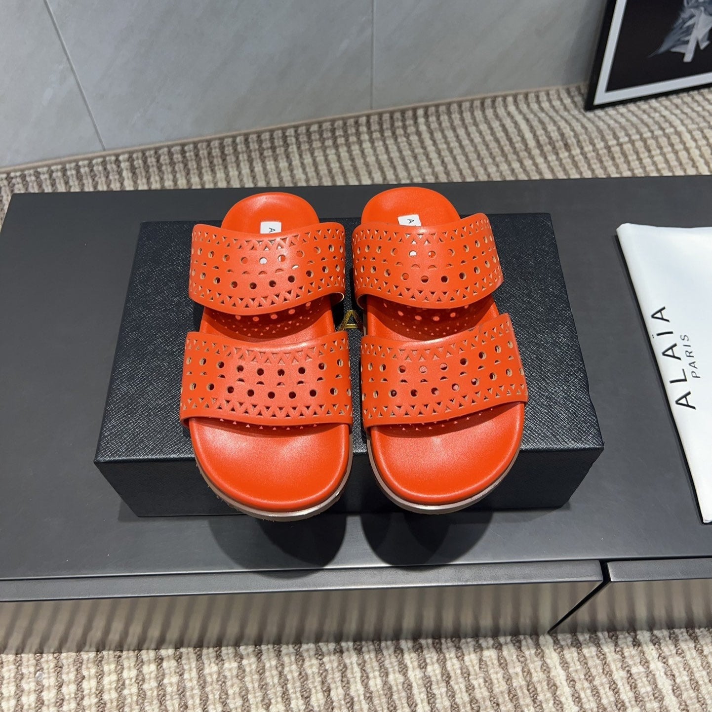ALAIA CHUNKY TWO-STRAP SLIDES 25S IN ORANGE CALFSKIN