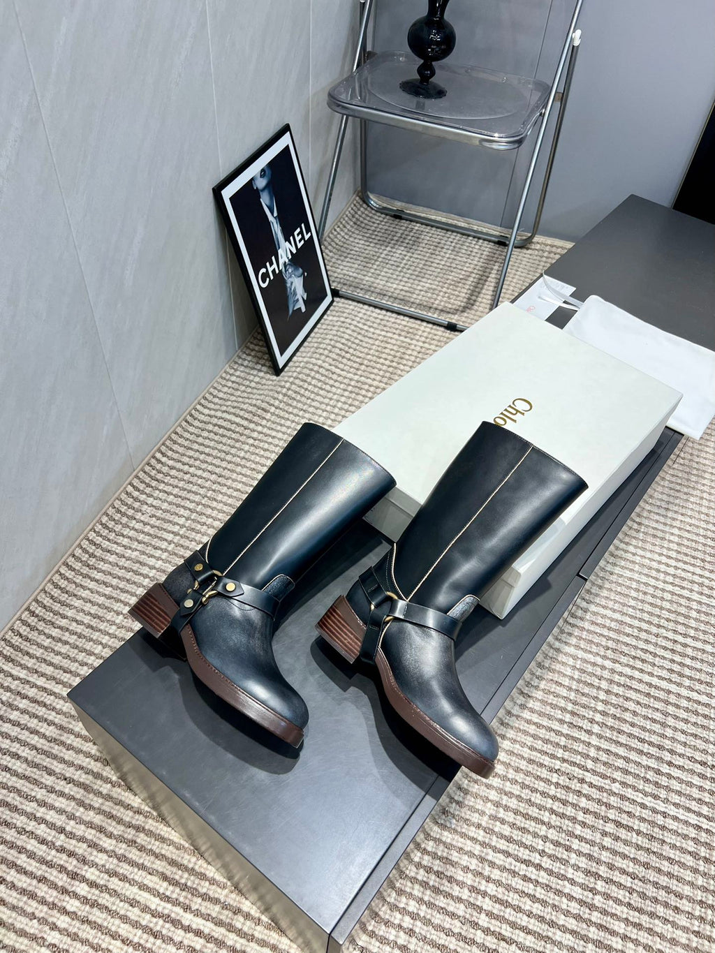 CHLOÉ 26S KNEE-HIGH BOOTS IN BLACK CALFSKIN