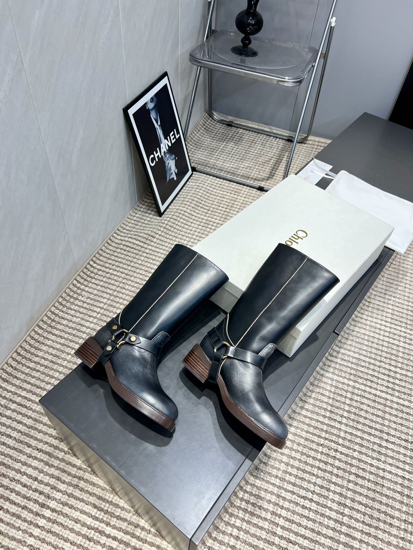 CHLOÉ 26S KNEE-HIGH BOOTS IN BLACK CALFSKIN