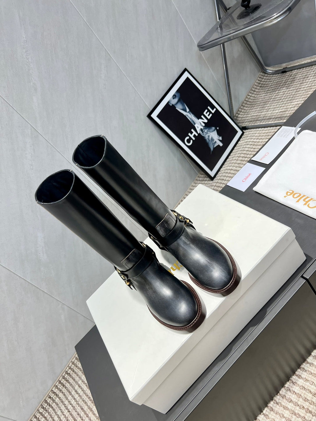 CHLOÉ 26S KNEE-HIGH BOOTS IN BLACK CALFSKIN