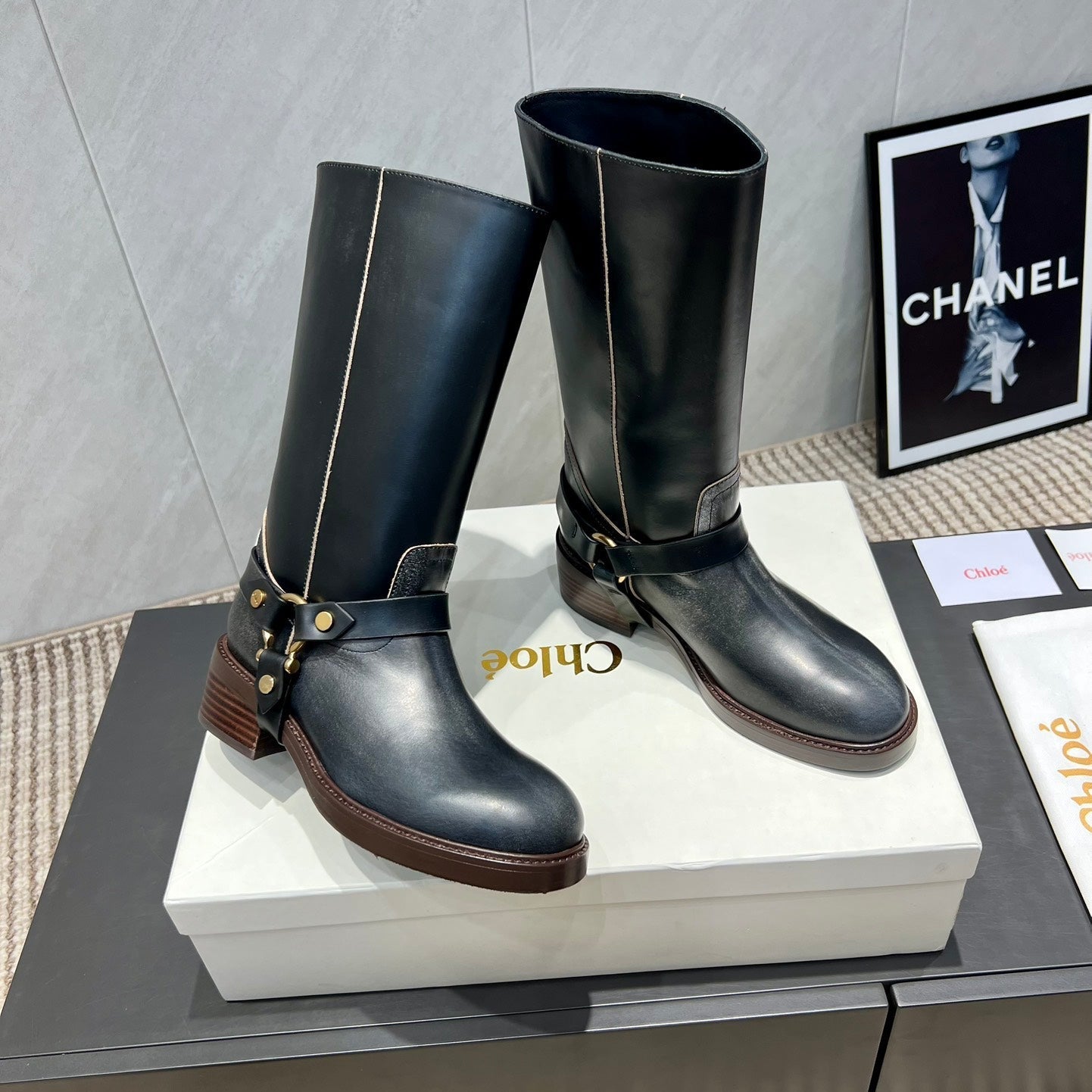 CHLOÉ 26S KNEE-HIGH BOOTS IN BLACK CALFSKIN