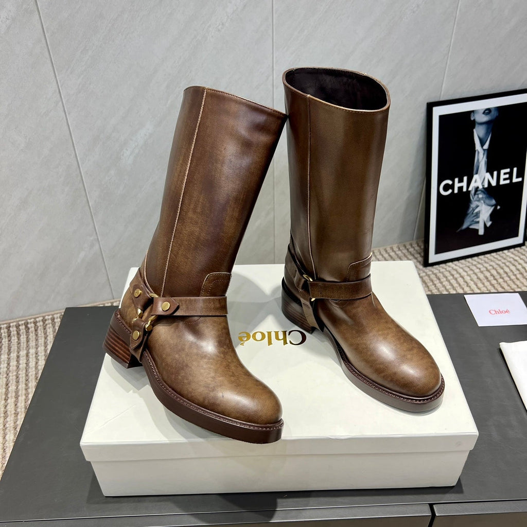 CHLOÉ 26S KNEE-HIGH BOOTS IN EARTH BROWN CALFSKIN