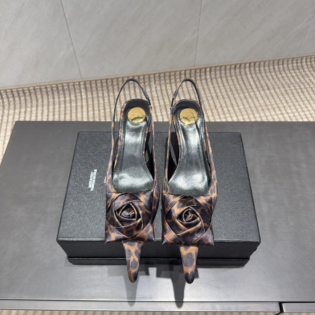 YSL 26S HEELED SLINGBACKS 50 MM IN LEOPARD PRINT FABRIC