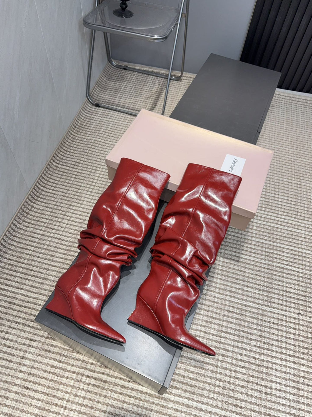 BALMAIN 26S KNEE-HIGH BOOTS 75 MM IN RED CALFSKIN