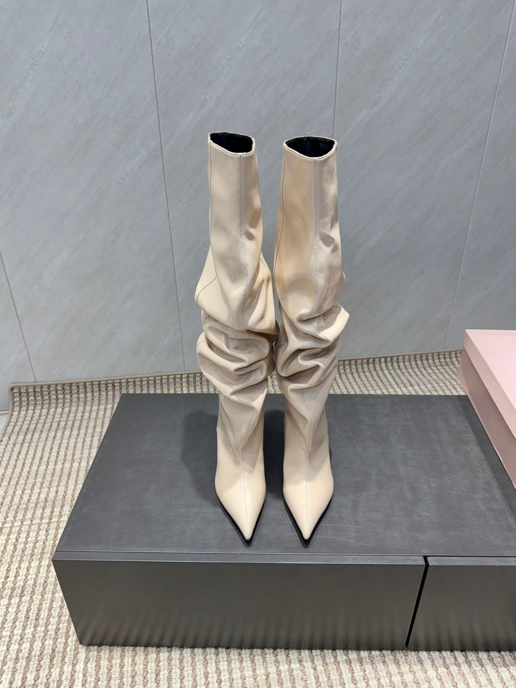 BALMAIN 26S KNEE-HIGH BOOTS 75 MM IN LIGHT BEIGE CALFSKIN