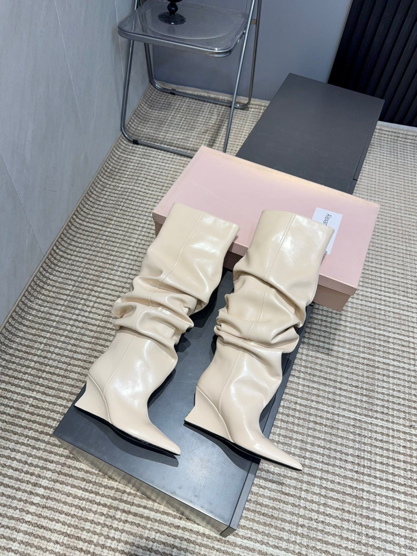 BALMAIN 26S KNEE-HIGH BOOTS 75 MM IN LIGHT BEIGE CALFSKIN
