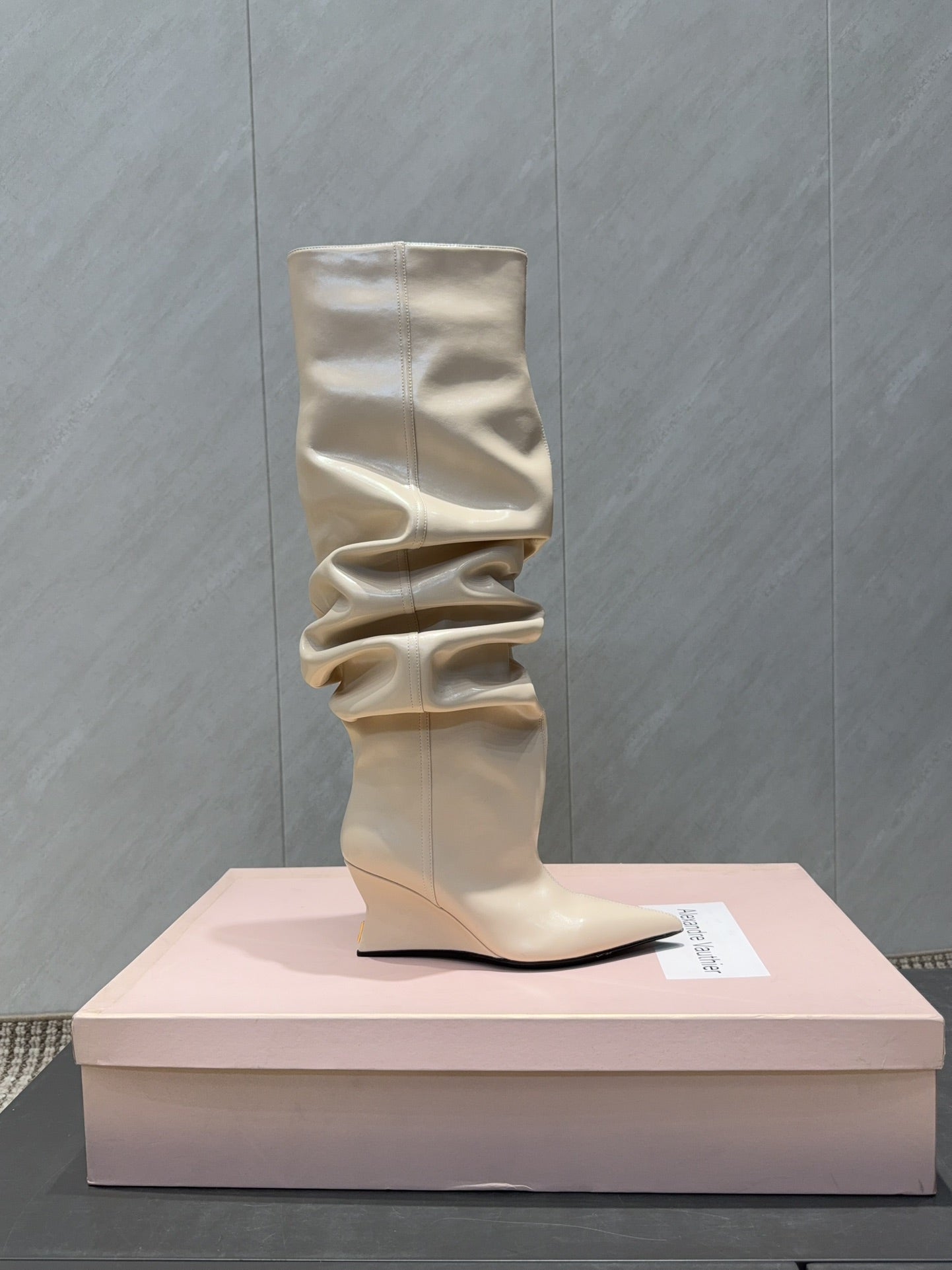 BALMAIN 26S KNEE-HIGH BOOTS 75 MM IN LIGHT BEIGE CALFSKIN