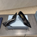PRADA 26S POINTED TOE HEELS 75MM IN BLACK CALFSKIN WITH BOW