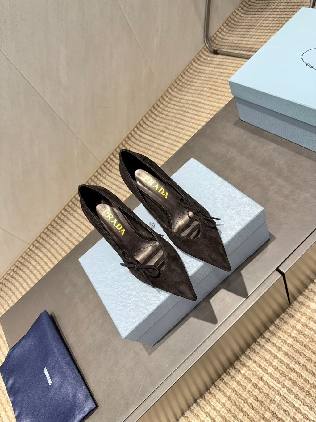 PRADA 26S POINTED TOE HEELS 75MM IN BLACK SUEDE WITH BOW