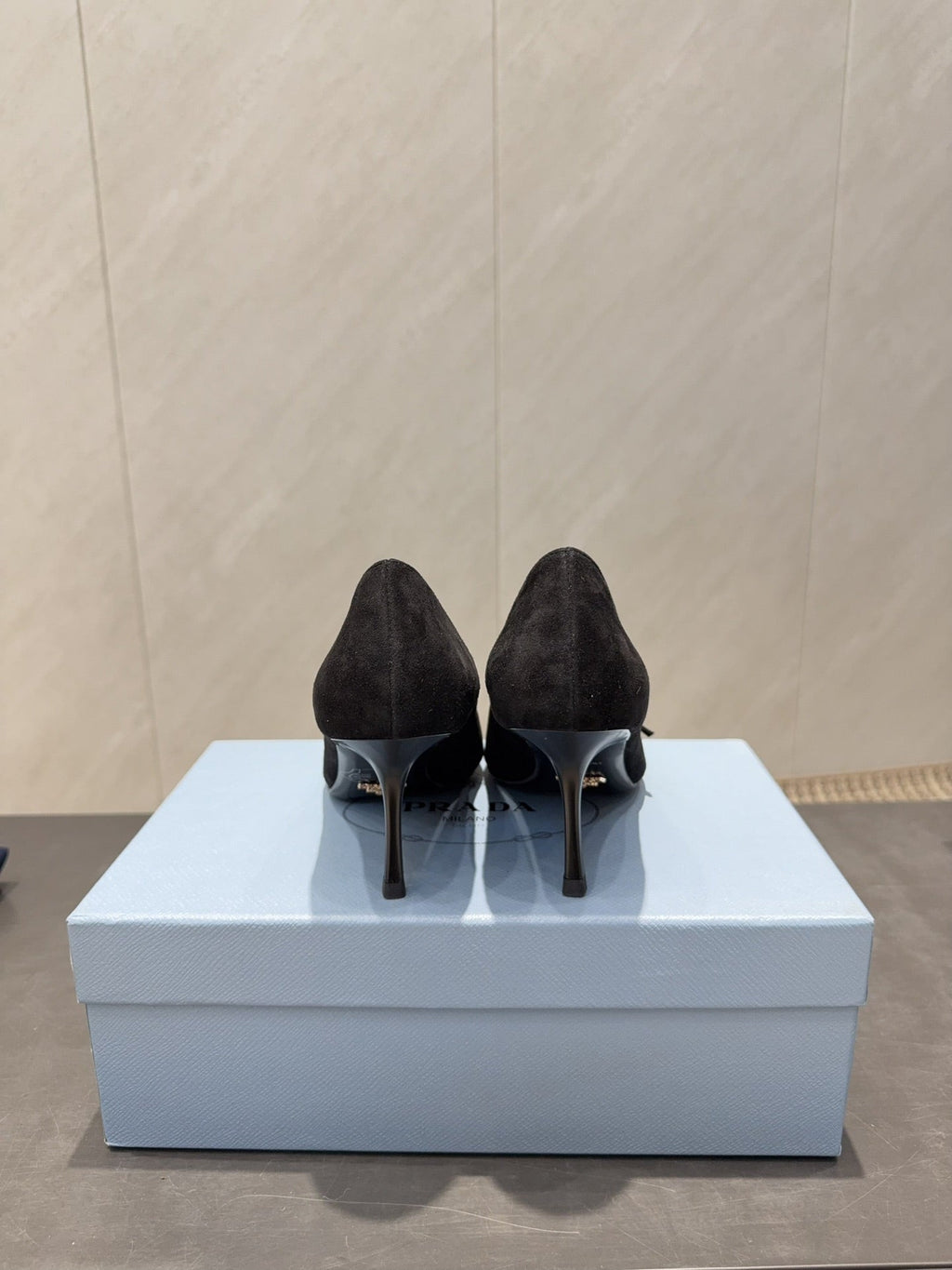 PRADA 26S POINTED TOE HEELS 75MM IN BLACK SUEDE WITH BOW