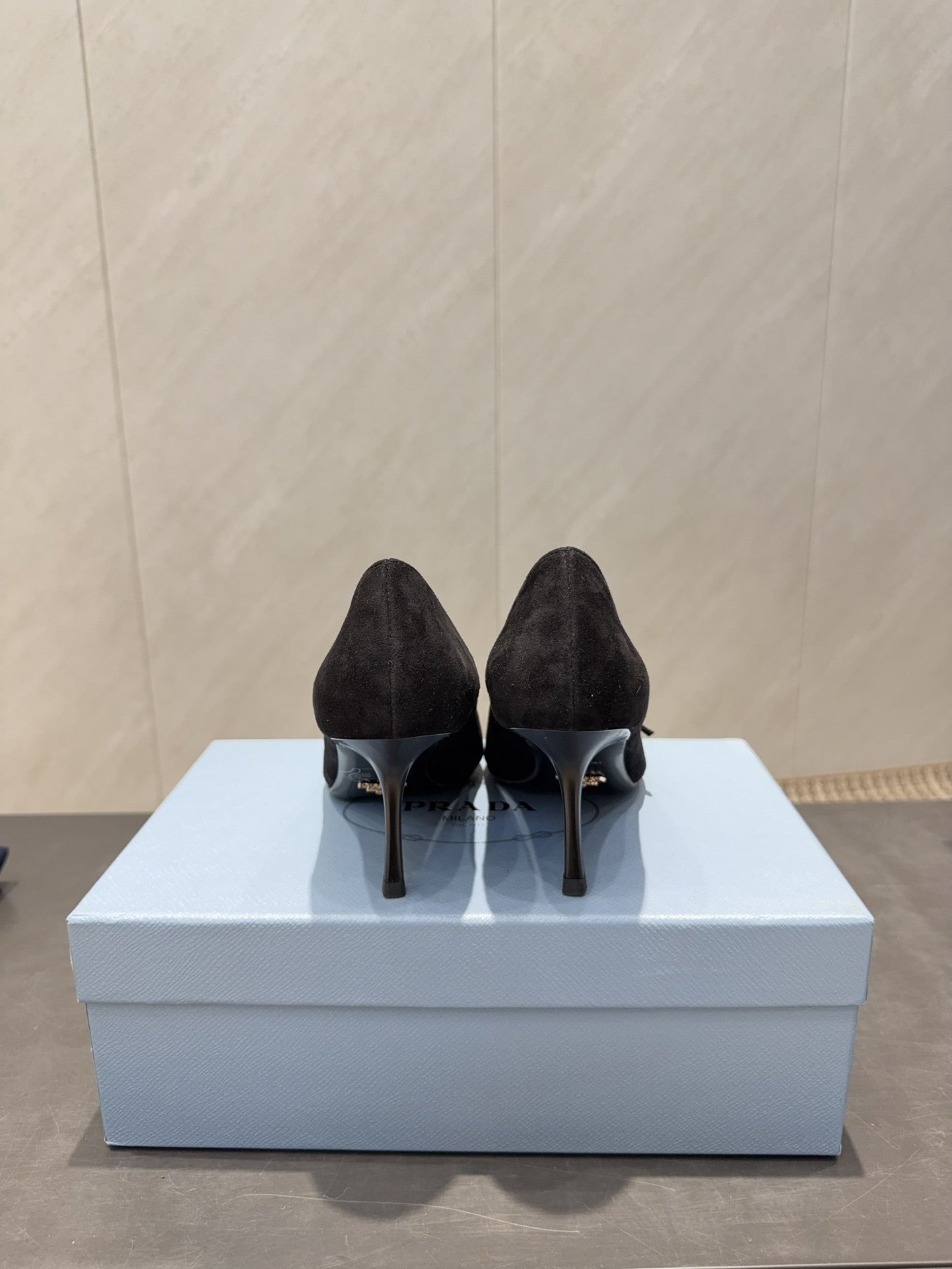 PRADA 26S POINTED TOE HEELS 75MM IN BLACK SUEDE WITH BOW
