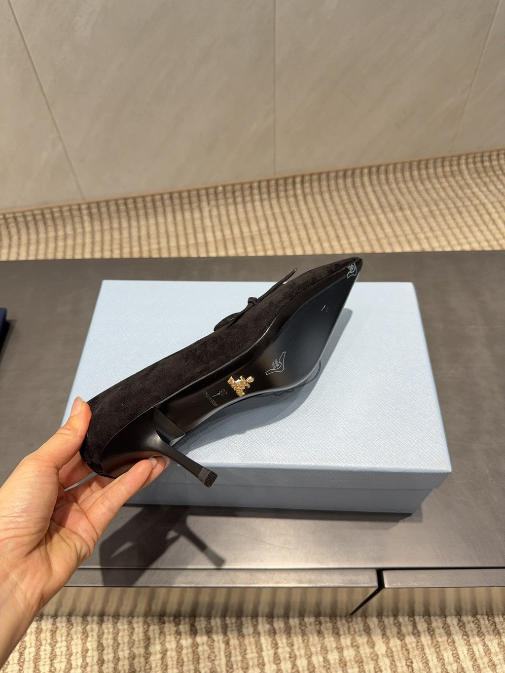 PRADA 26S POINTED TOE HEELS 75MM IN BLACK SUEDE WITH BOW