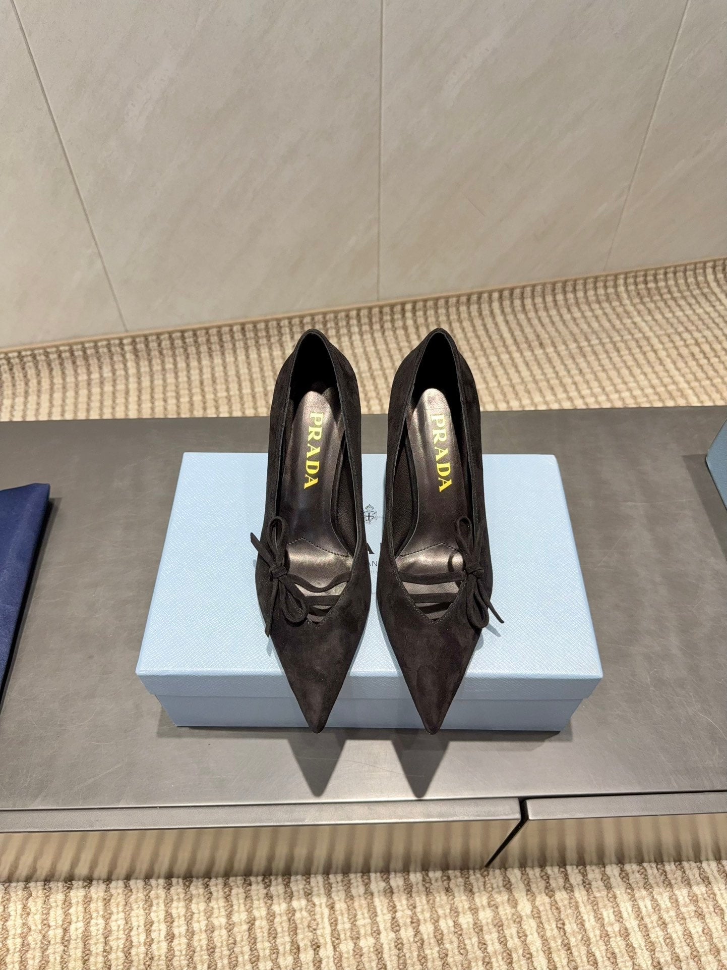 PRADA 26S POINTED TOE HEELS 75MM IN BLACK SUEDE WITH BOW