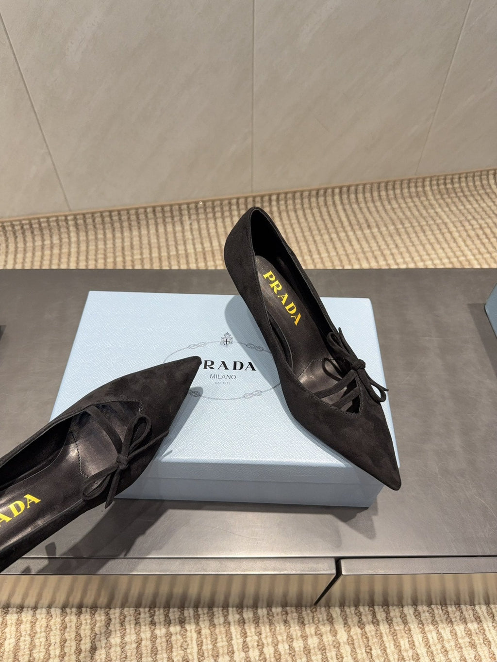 PRADA 26S POINTED TOE HEELS 75MM IN BLACK SUEDE WITH BOW