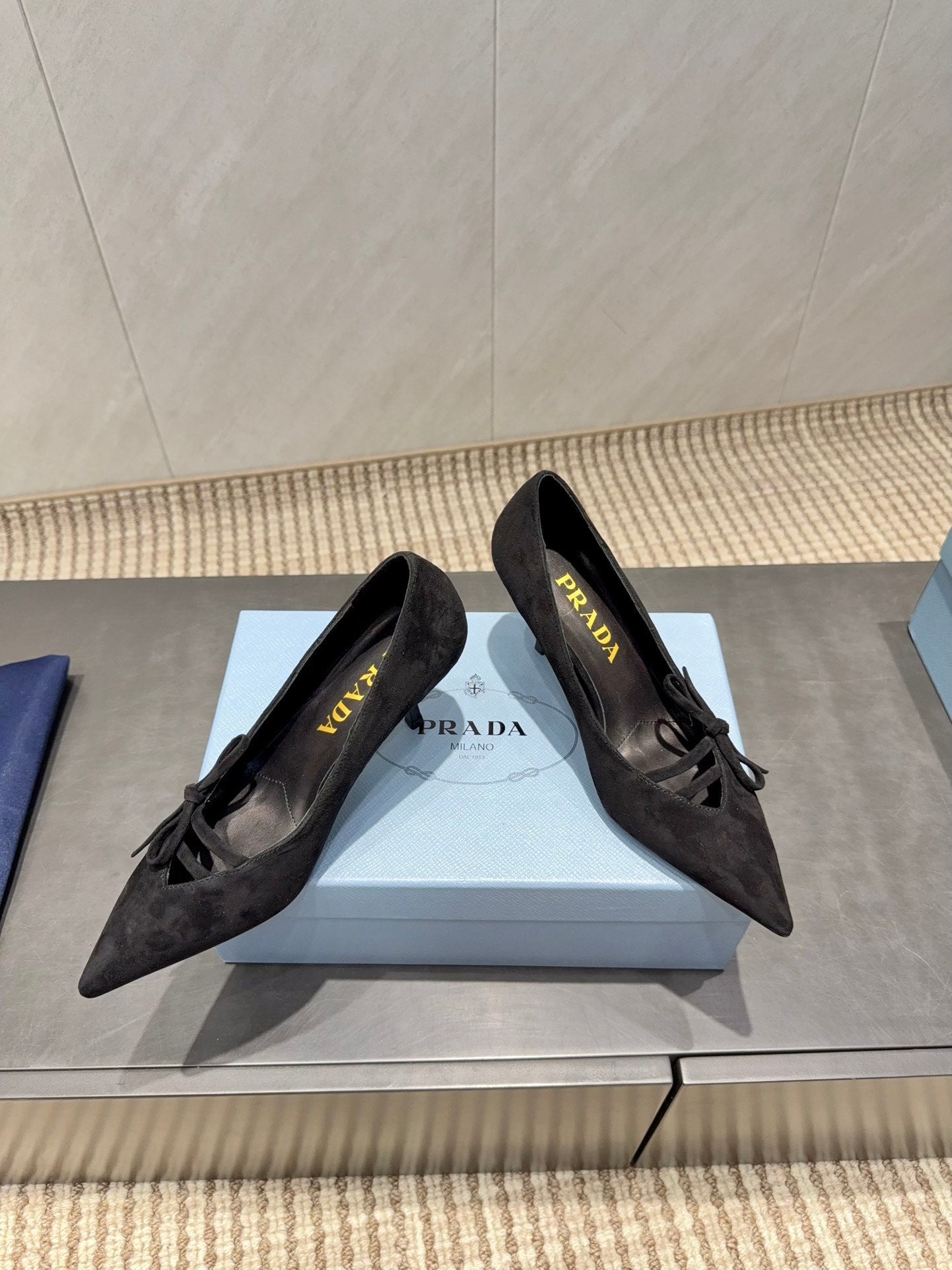 PRADA 26S POINTED TOE HEELS 75MM IN BLACK SUEDE WITH BOW