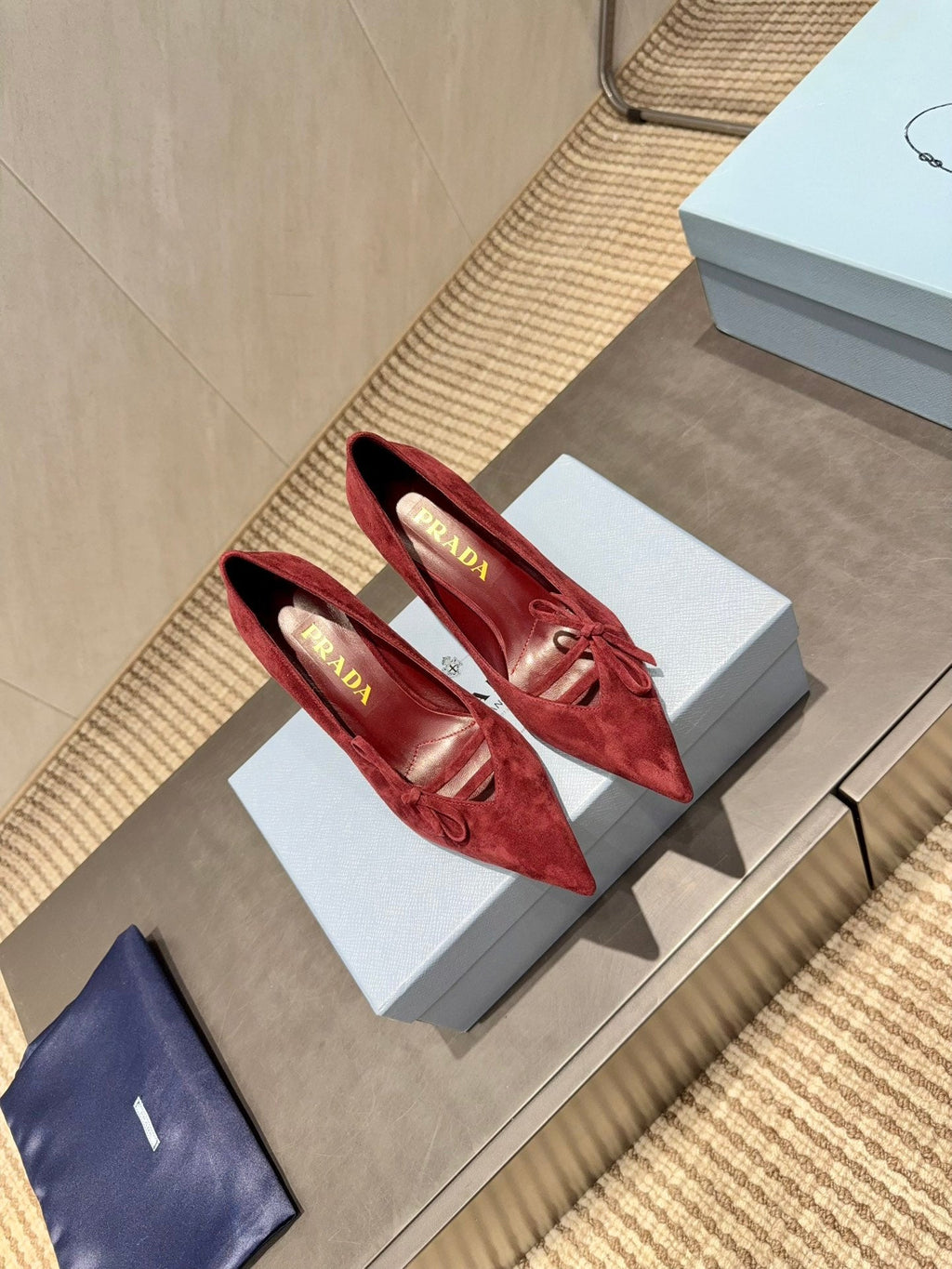 PRADA 26S POINTED TOE HEELS 75MM IN BURGUNDY RED SUEDE WITH BOW