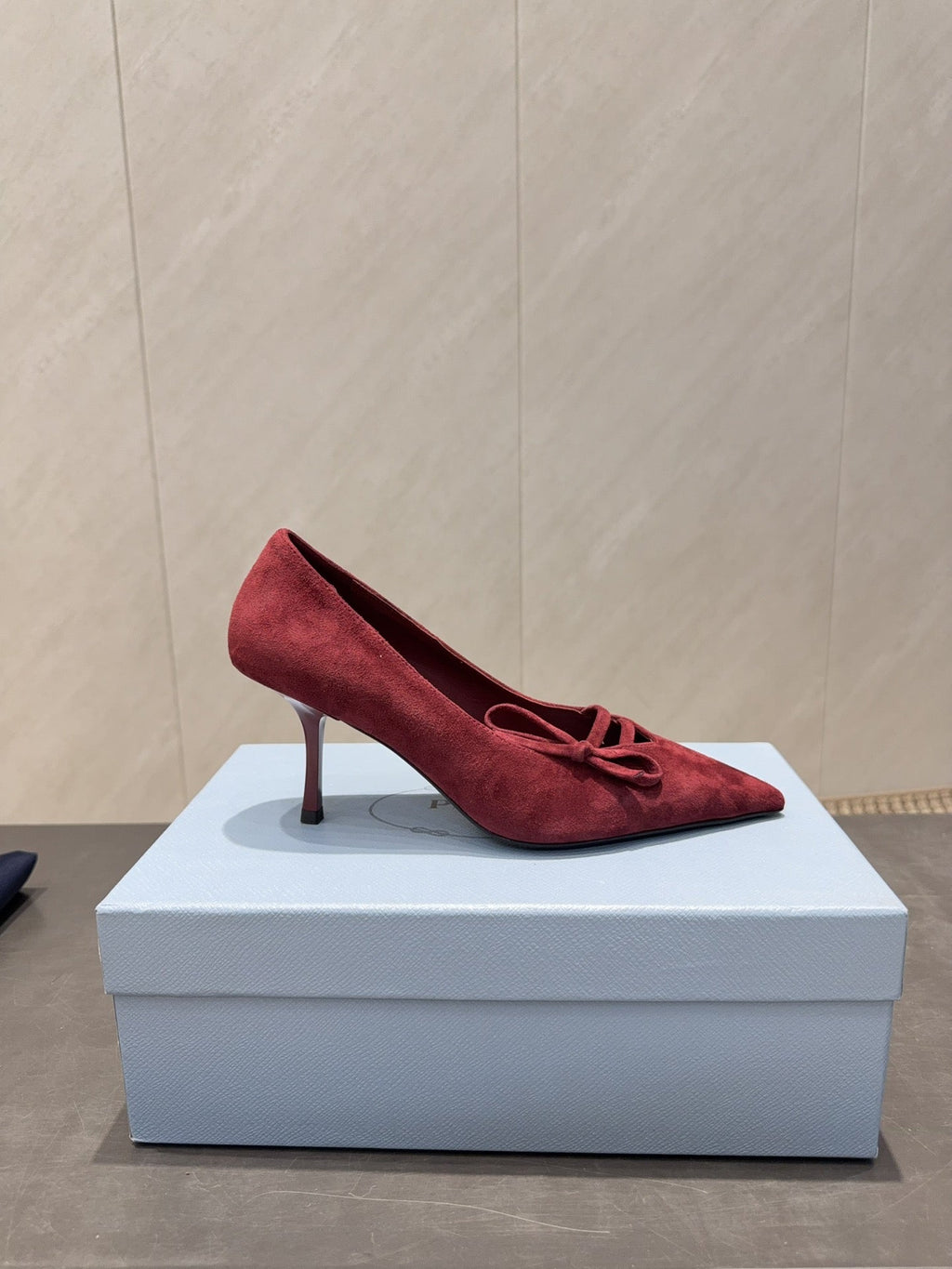PRADA 26S POINTED TOE HEELS 75MM IN BURGUNDY RED SUEDE WITH BOW