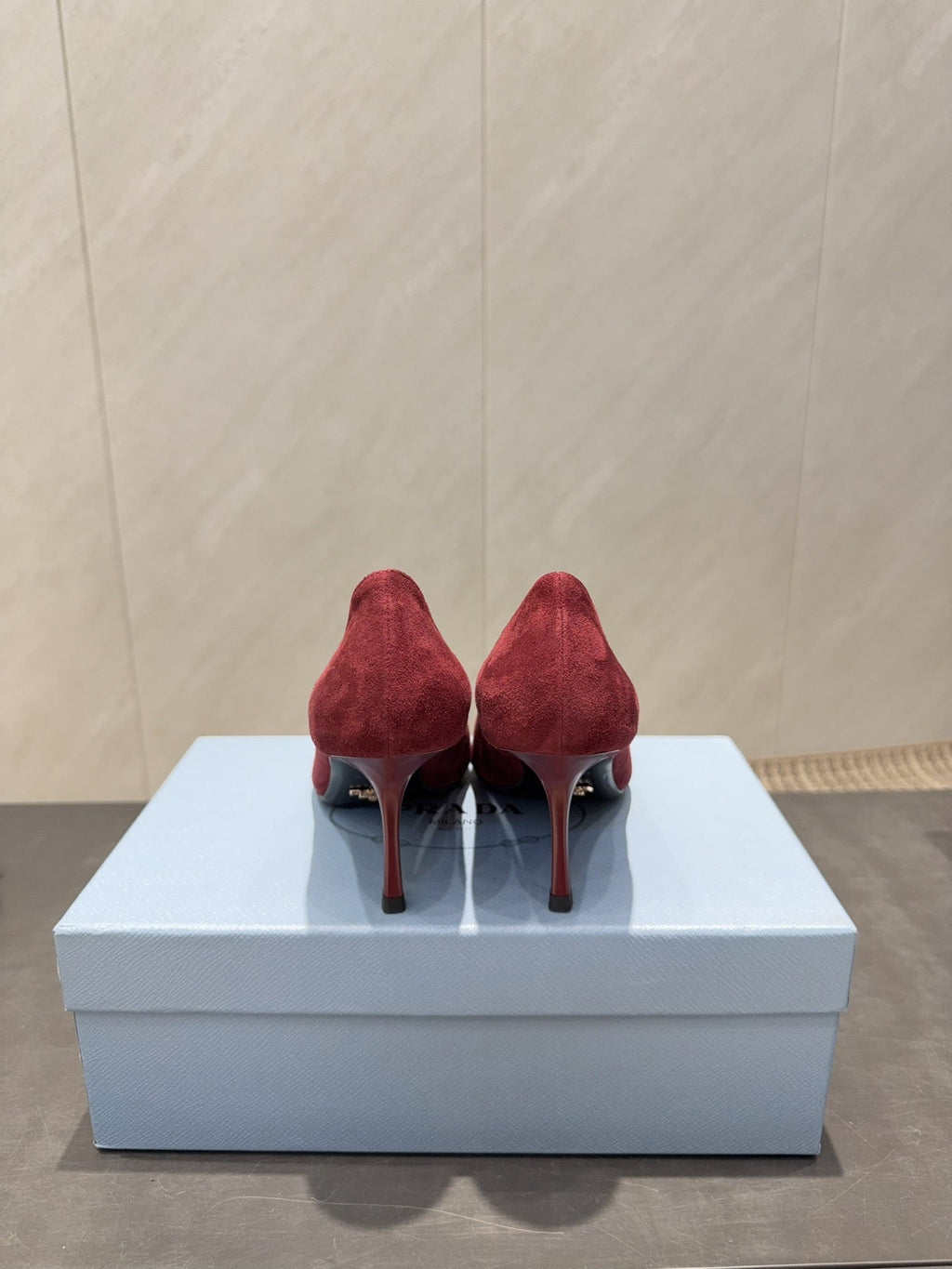 PRADA 26S POINTED TOE HEELS 75MM IN BURGUNDY RED SUEDE WITH BOW
