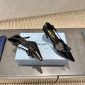 PRADA 26S POINTED TOE CUT OUT HIGH HEELS 75MM IN BLACK CALFSKIN WITH BOW