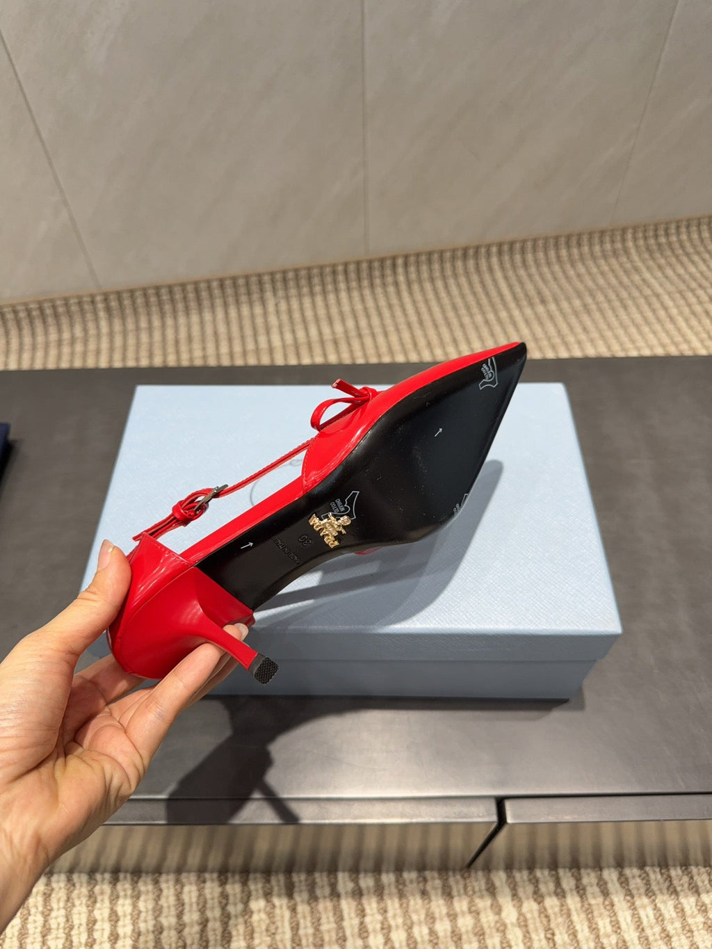 PRADA 26S POINTED TOE CUT OUT HIGH HEELS 75MM IN BRIGHT RED CALFSKIN WITH BOW