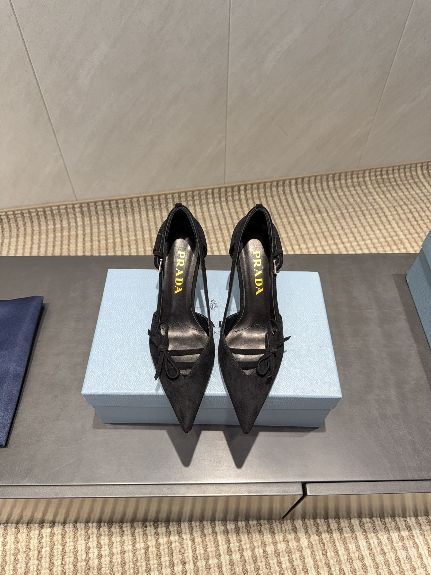 PRADA 26S POINTED TOE CUT OUT HIGH HEELS 75MM IN BLACK SUEDE WITH BOW