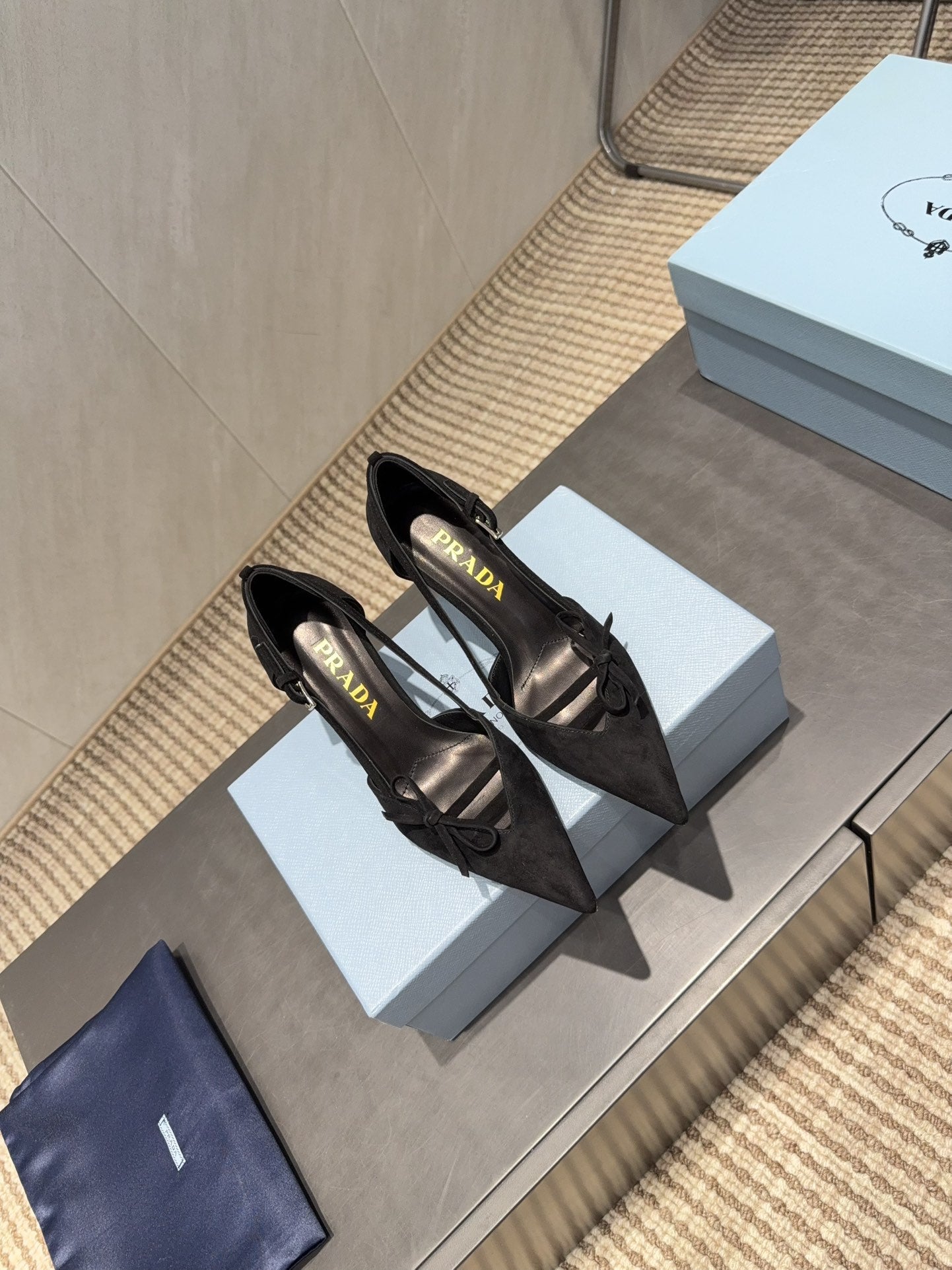 PRADA 26S POINTED TOE CUT OUT HIGH HEELS 75MM IN BLACK SUEDE WITH BOW