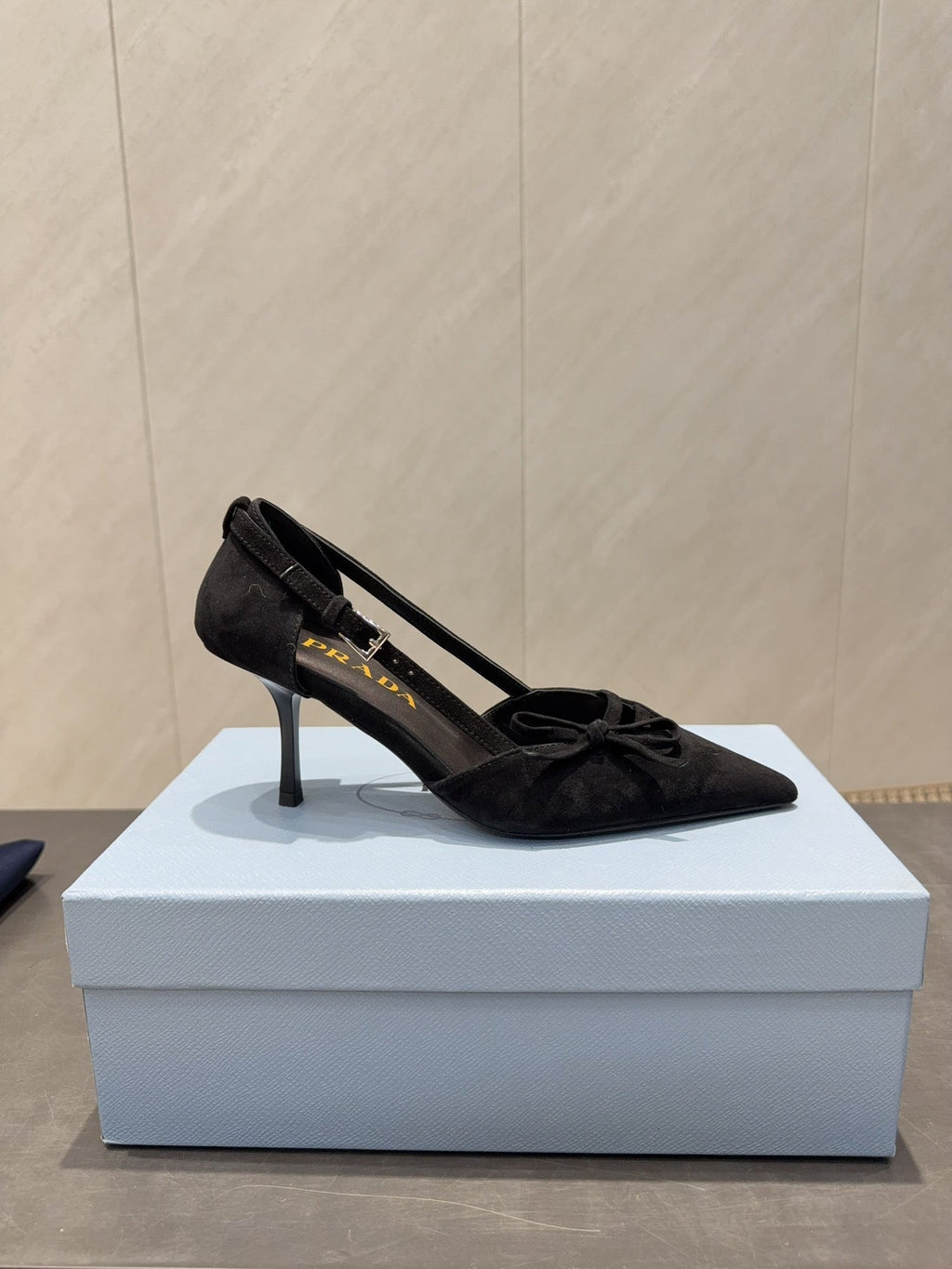 PRADA 26S POINTED TOE CUT OUT HIGH HEELS 75MM IN BLACK SUEDE WITH BOW