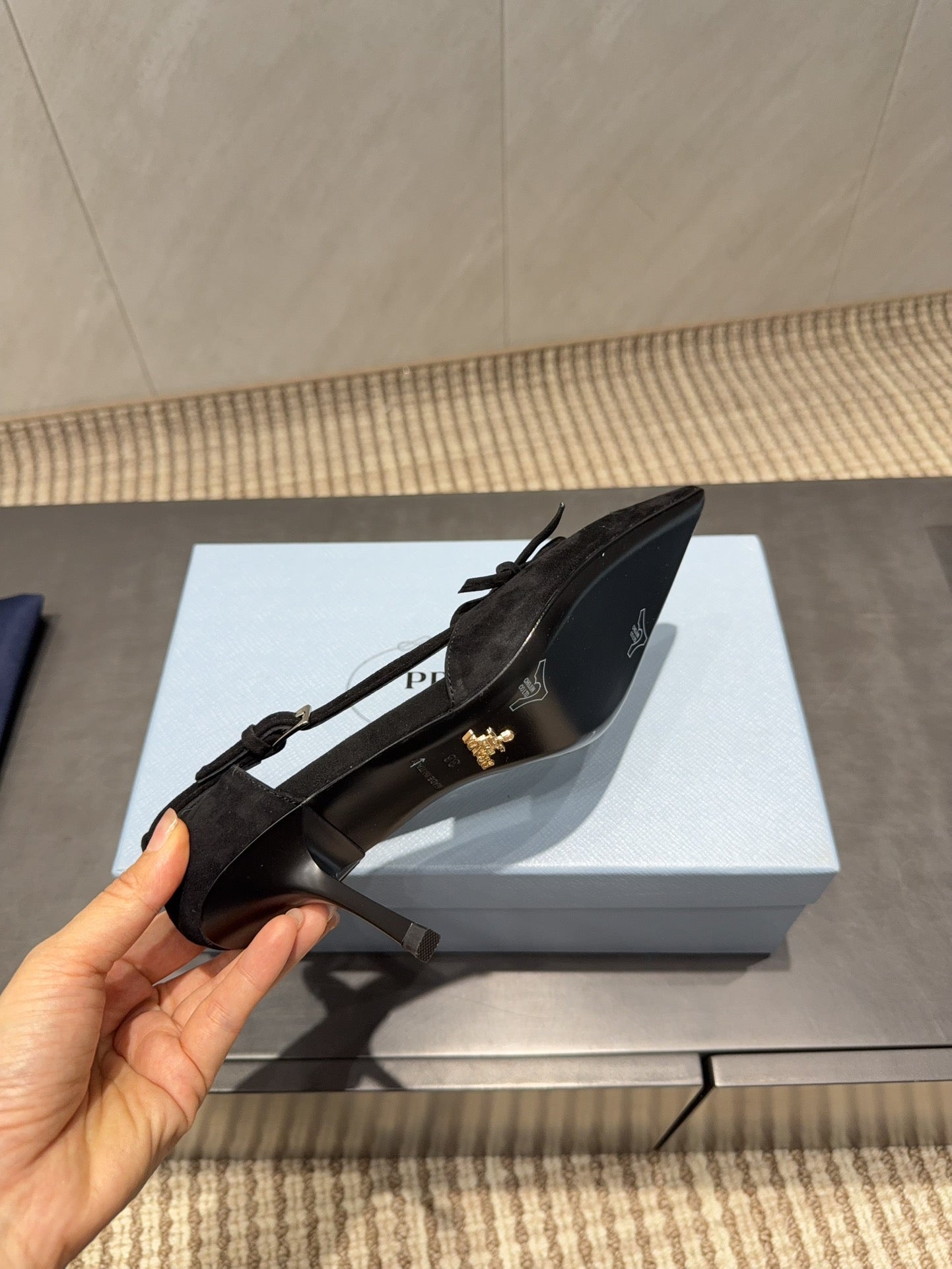 PRADA 26S POINTED TOE CUT OUT HIGH HEELS 75MM IN BLACK SUEDE WITH BOW