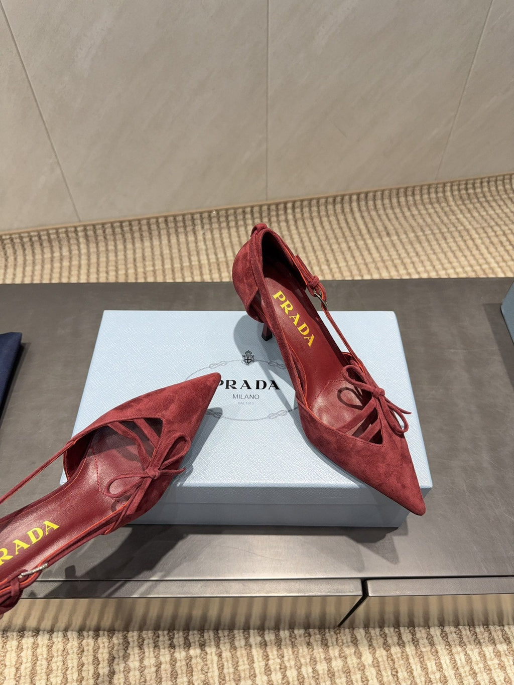 PRADA 26S POINTED TOE CUT OUT HIGH HEELS 75MM IN BURGUNDY RED SUEDE WITH BOW
