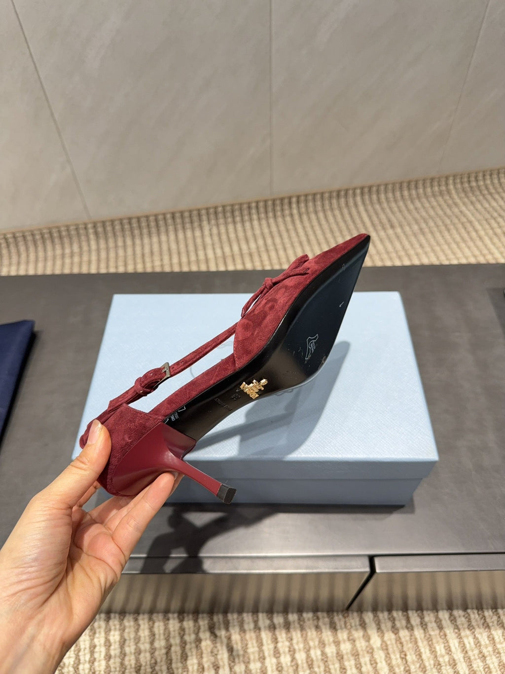 PRADA 26S POINTED TOE CUT OUT HIGH HEELS 75MM IN BURGUNDY RED SUEDE WITH BOW