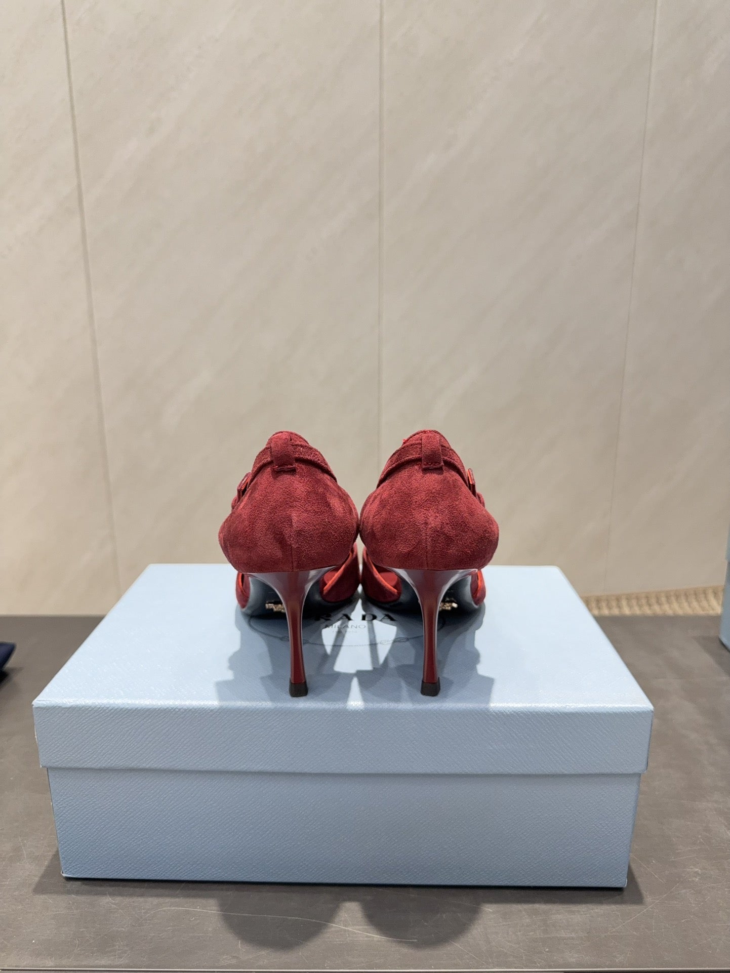 PRADA 26S POINTED TOE CUT OUT HIGH HEELS 75MM IN BURGUNDY RED SUEDE WITH BOW