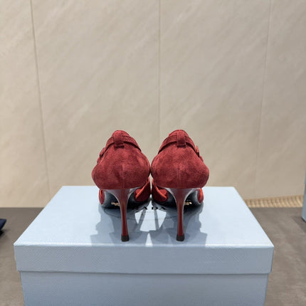 PRADA 26S POINTED TOE CUT OUT HIGH HEELS 75MM IN BURGUNDY RED SUEDE WITH BOW