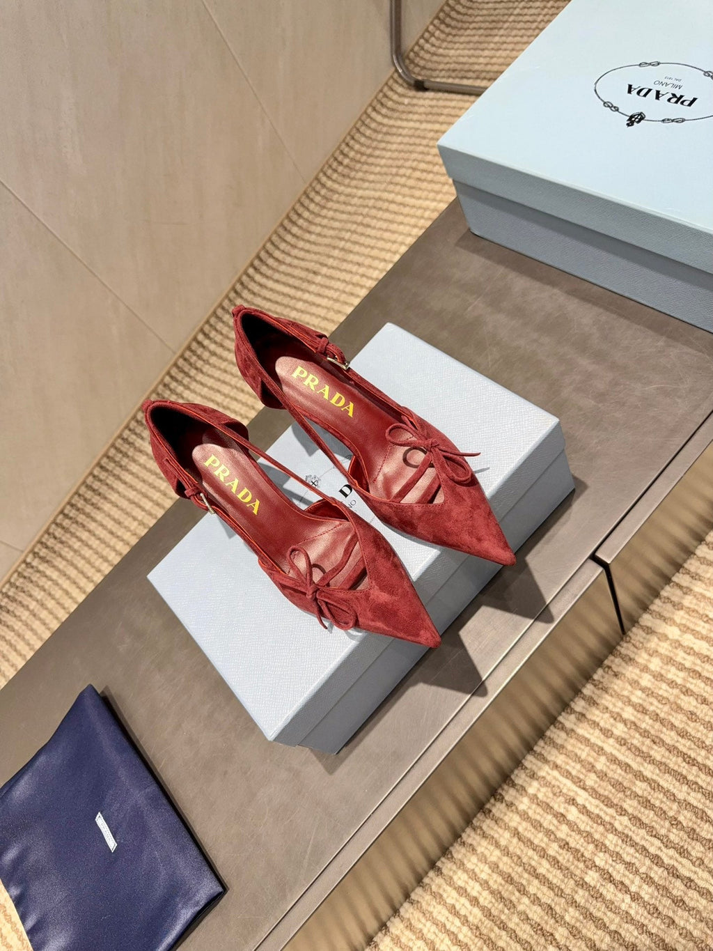 PRADA 26S POINTED TOE CUT OUT HIGH HEELS 75MM IN BURGUNDY RED SUEDE WITH BOW
