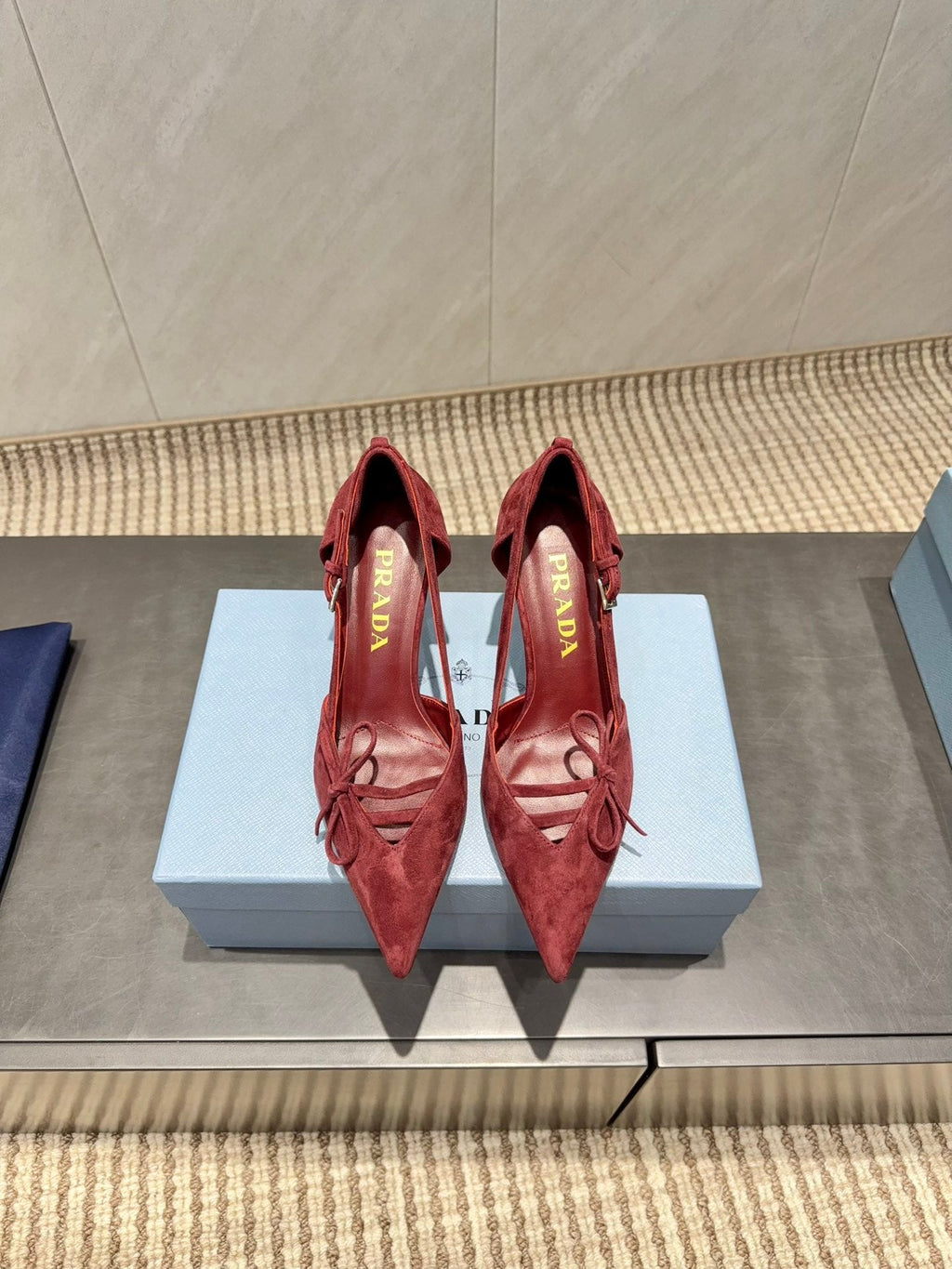 PRADA 26S POINTED TOE CUT OUT HIGH HEELS 75MM IN BURGUNDY RED SUEDE WITH BOW