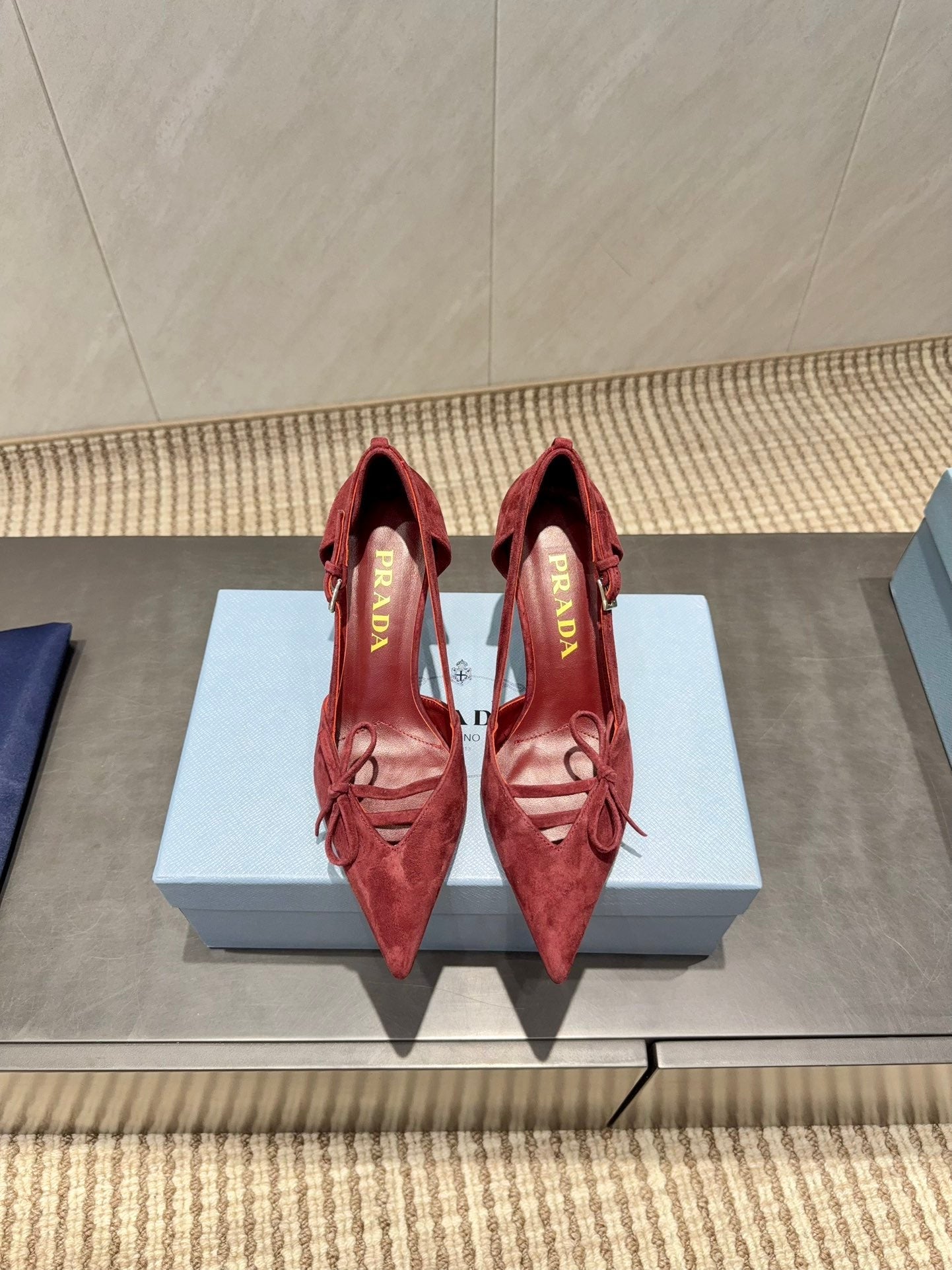 PRADA 26S POINTED TOE CUT OUT HIGH HEELS 75MM IN BURGUNDY RED SUEDE WITH BOW
