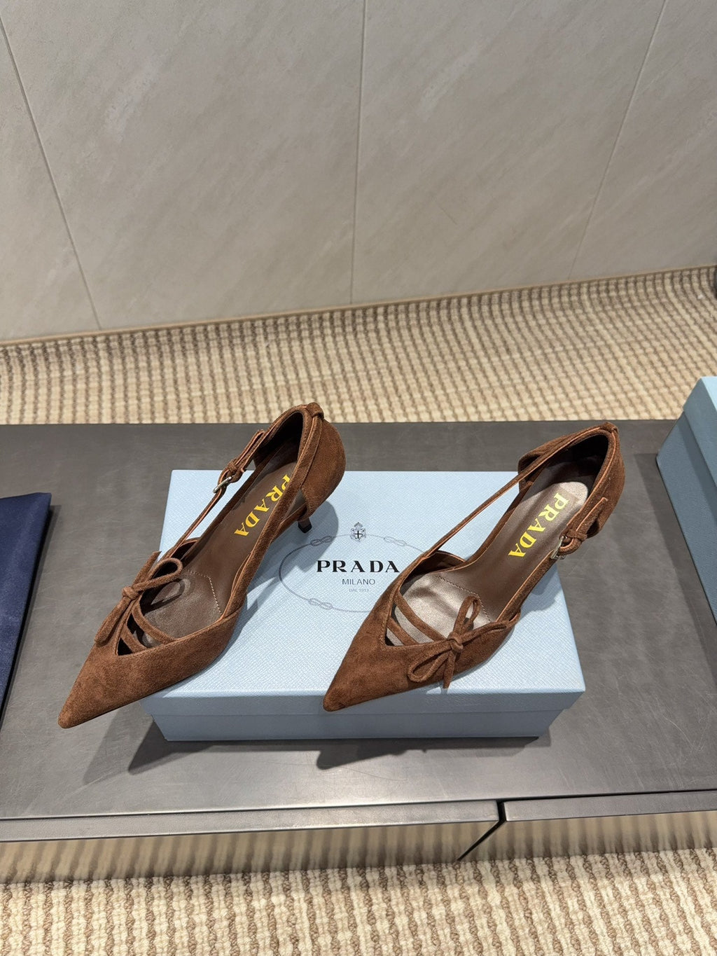 PRADA 26S POINTED TOE CUT OUT HIGH HEELS 75MM IN DARK BROWN SUEDE WITH BOW