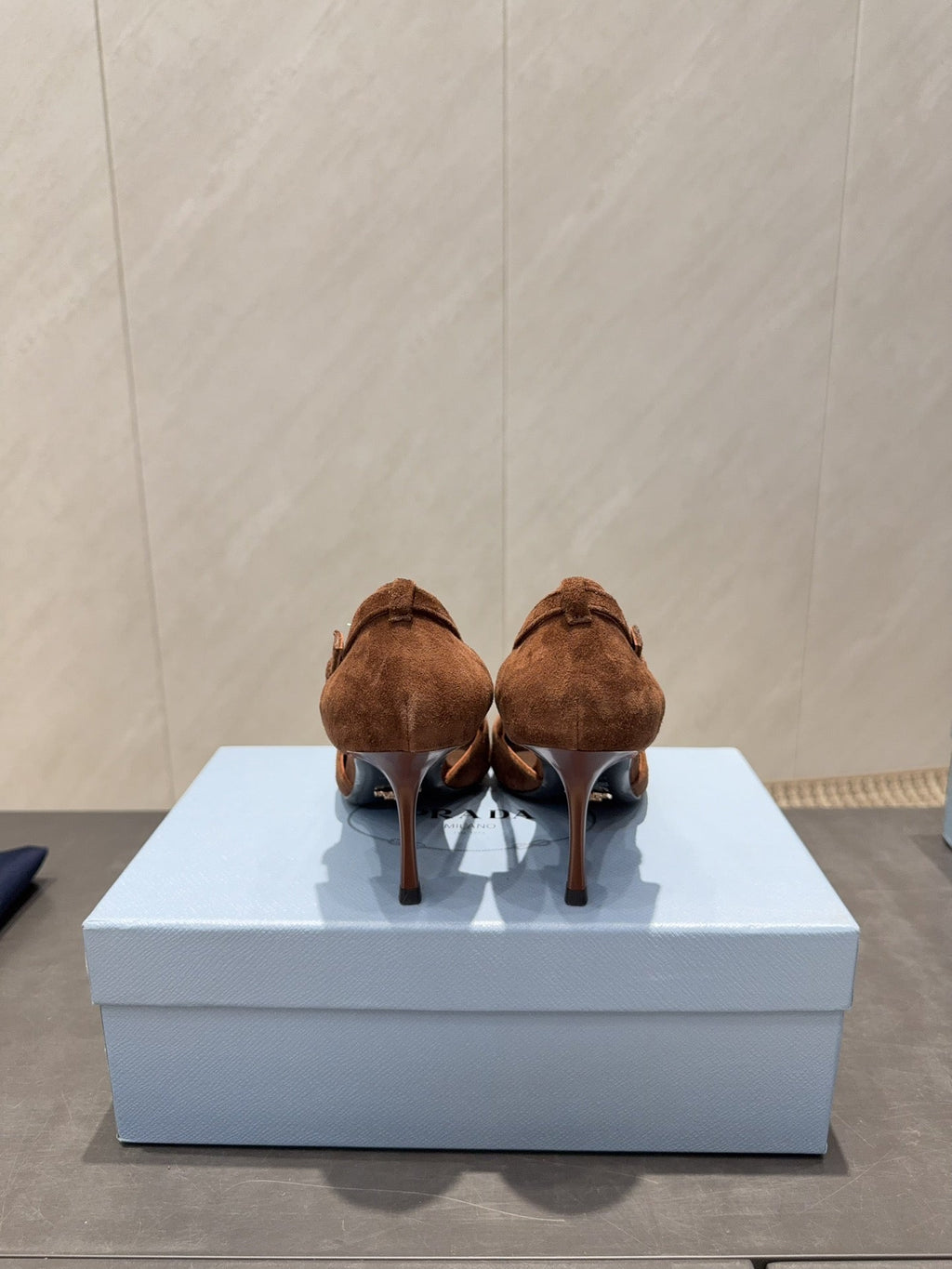 PRADA 26S POINTED TOE CUT OUT HIGH HEELS 75MM IN DARK BROWN SUEDE WITH BOW