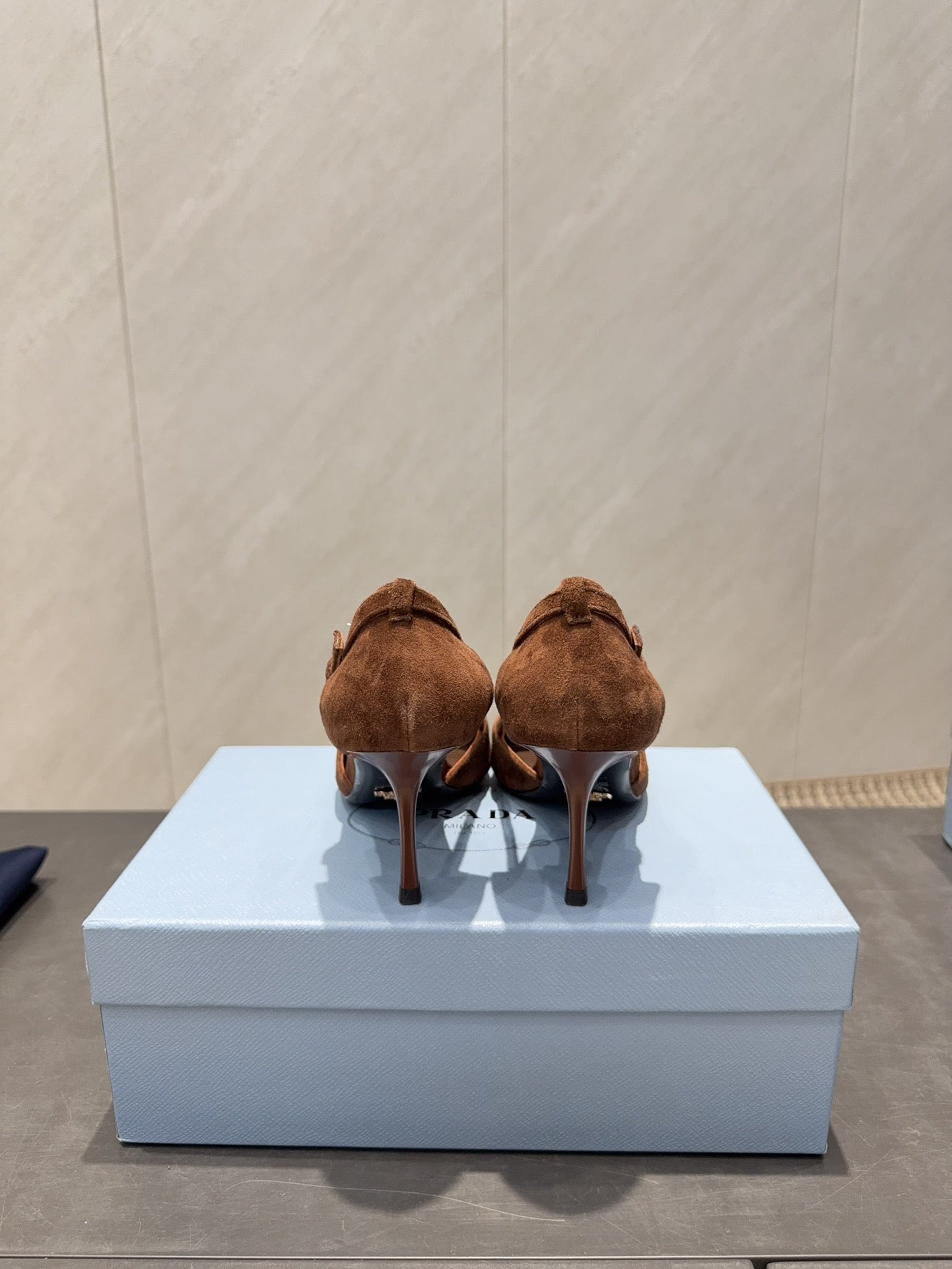 PRADA 26S POINTED TOE CUT OUT HIGH HEELS 75MM IN DARK BROWN SUEDE WITH BOW