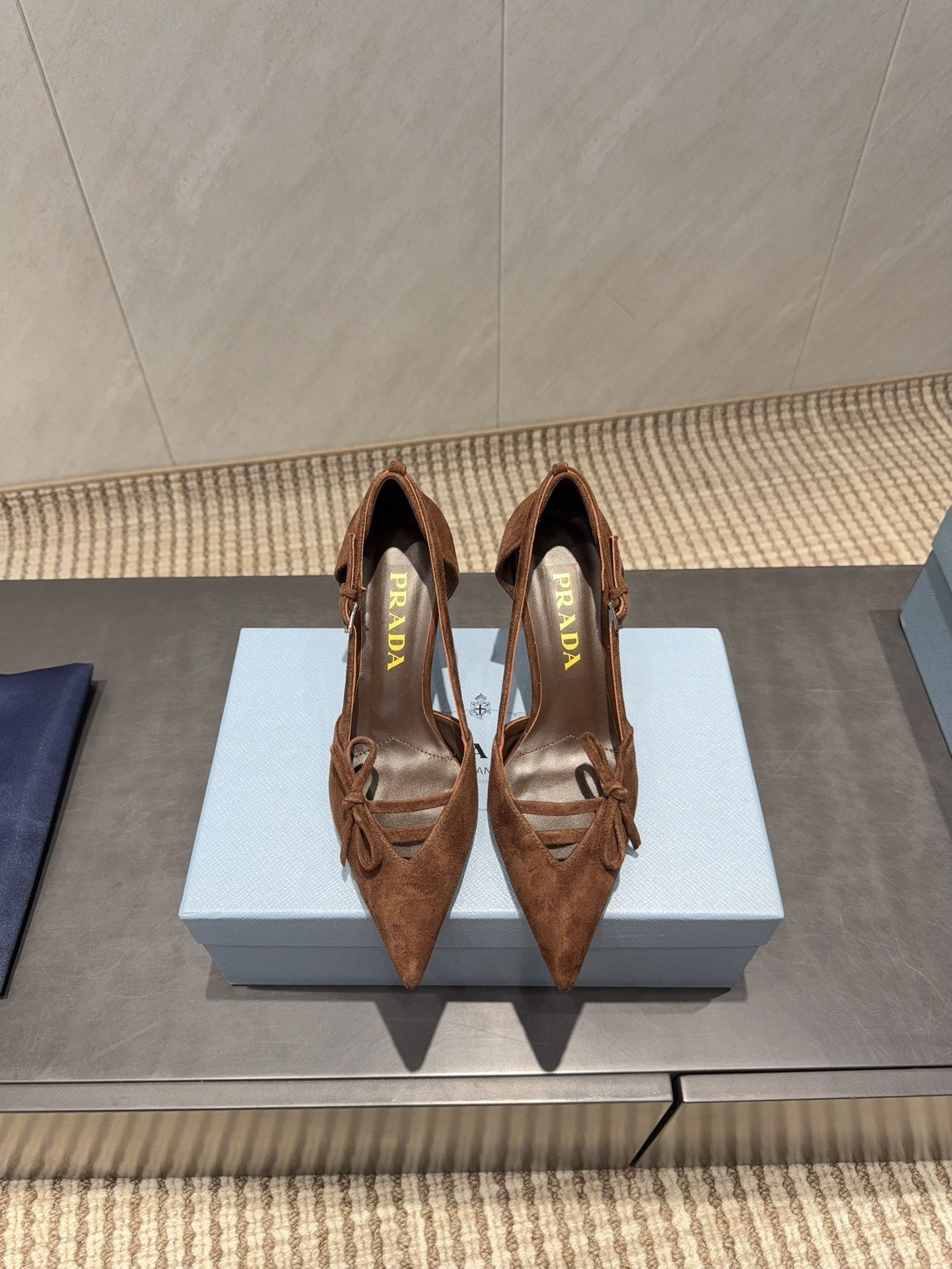 PRADA 26S POINTED TOE CUT OUT HIGH HEELS 75MM IN DARK BROWN SUEDE WITH BOW