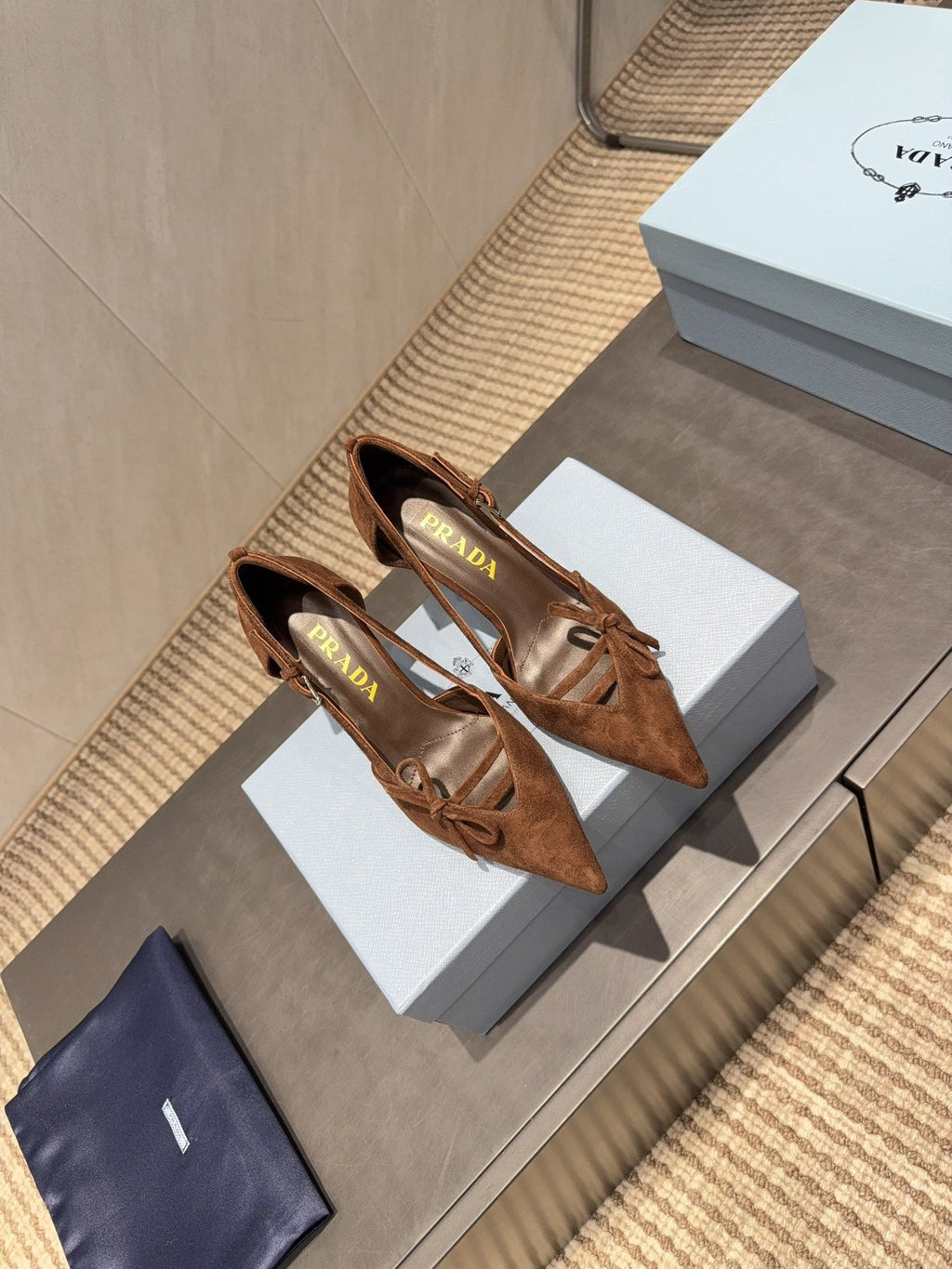 PRADA 26S POINTED TOE CUT OUT HIGH HEELS 75MM IN DARK BROWN SUEDE WITH BOW
