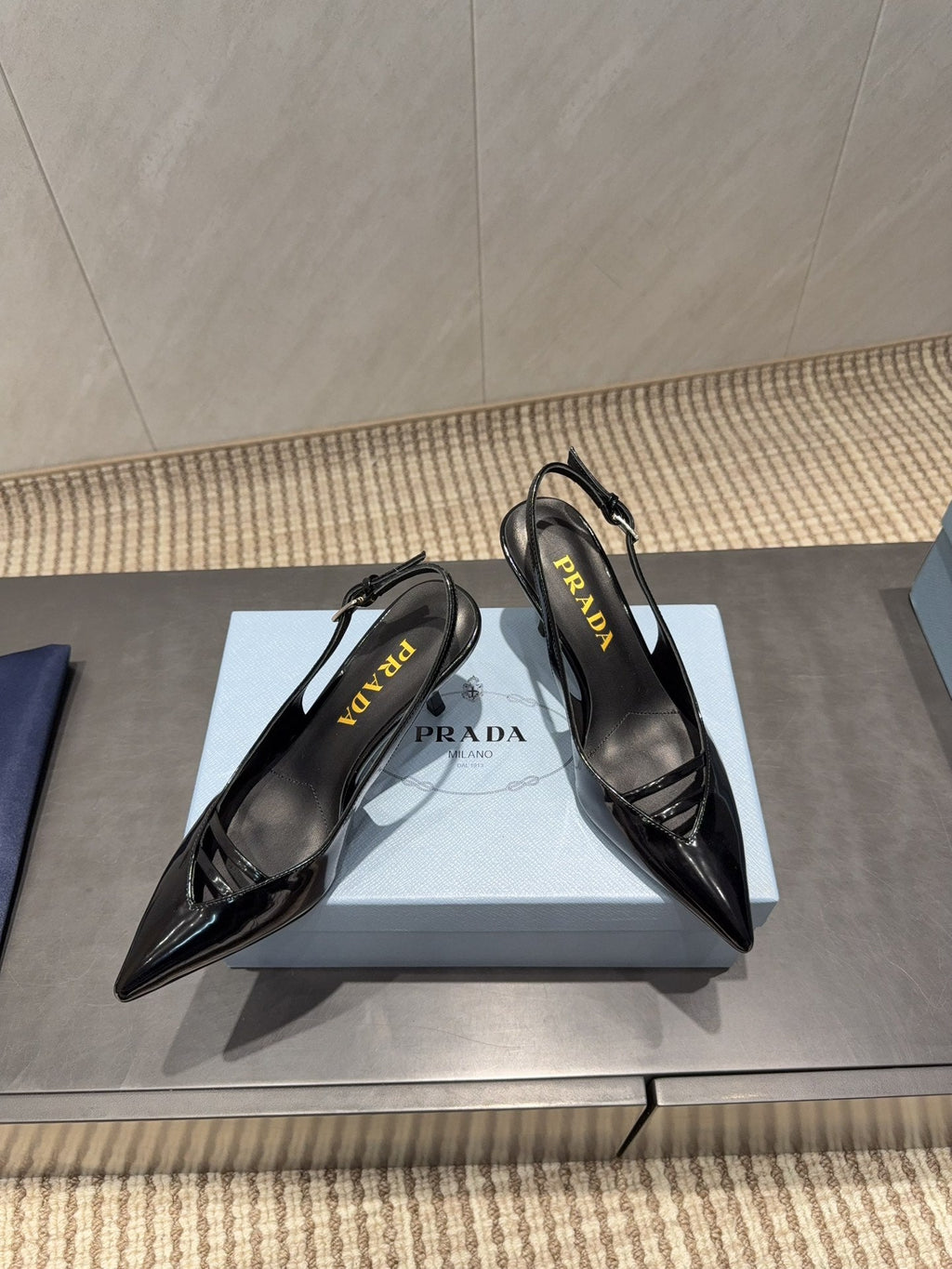 PRADA 26S POINTED TOE SLINGBACK HIGH HEELS 75MM IN BLACK CALFSKIN
