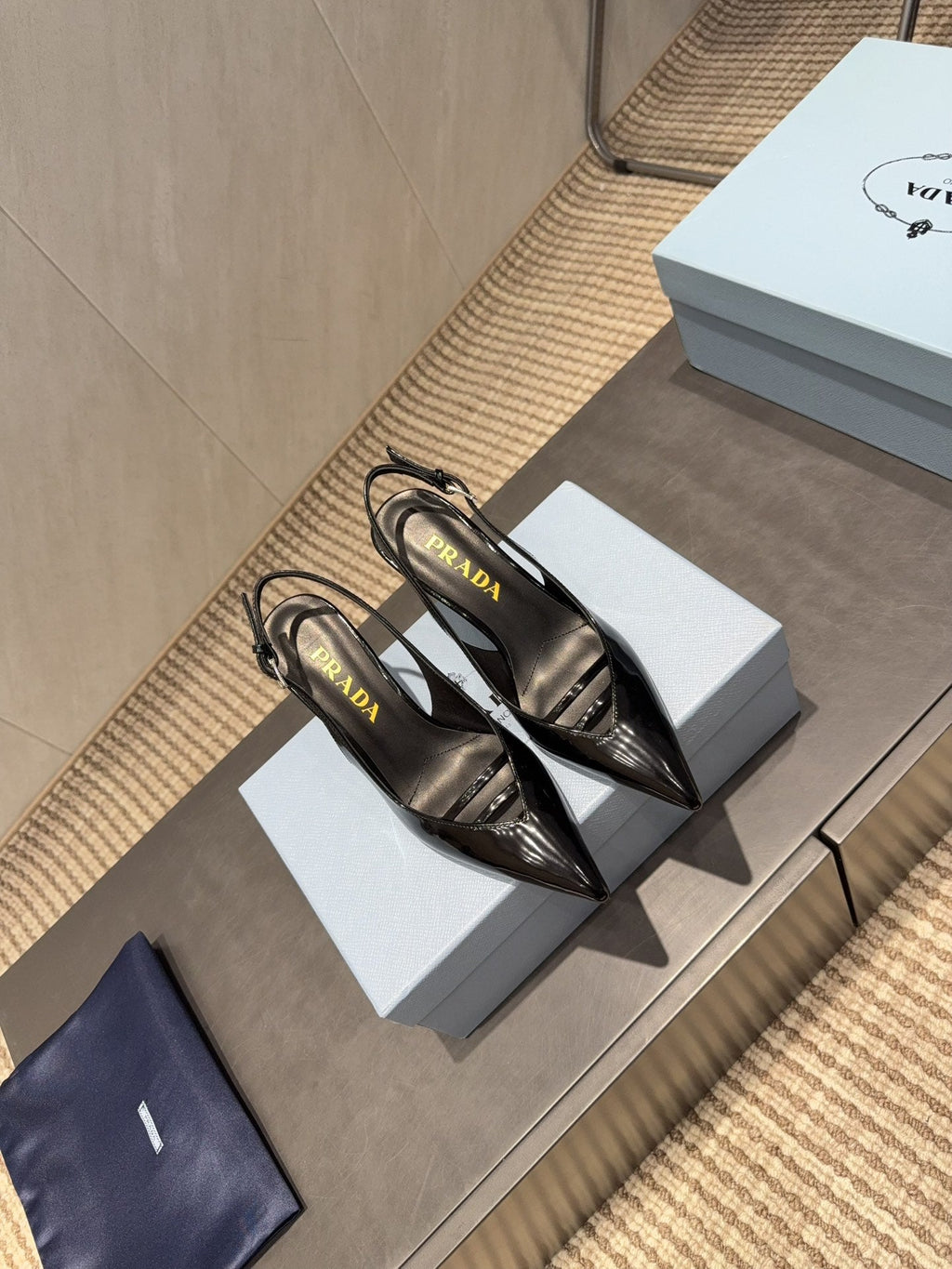 PRADA 26S POINTED TOE SLINGBACK HIGH HEELS 75MM IN BLACK CALFSKIN